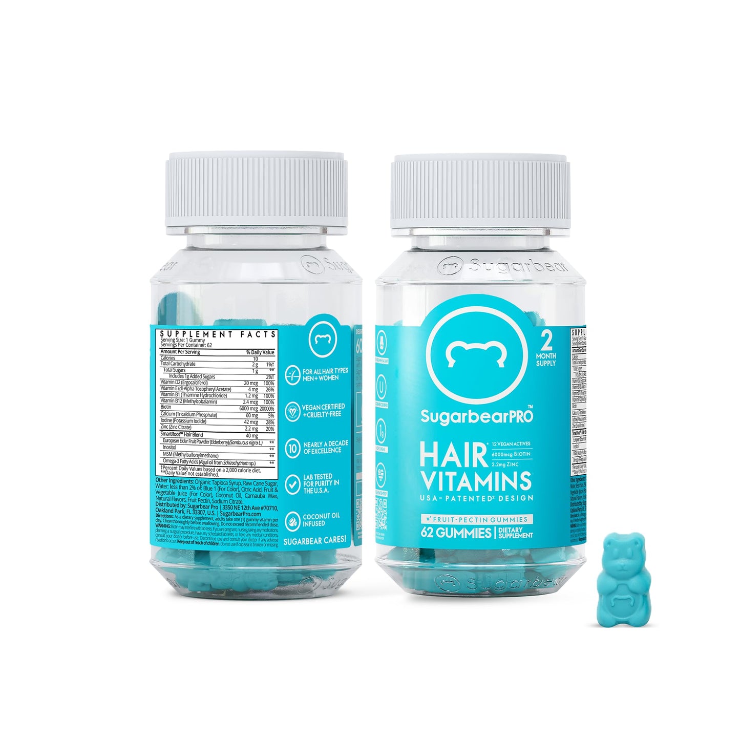 Frascos con detalles de vitaminas para el cabello Sugarbear.
