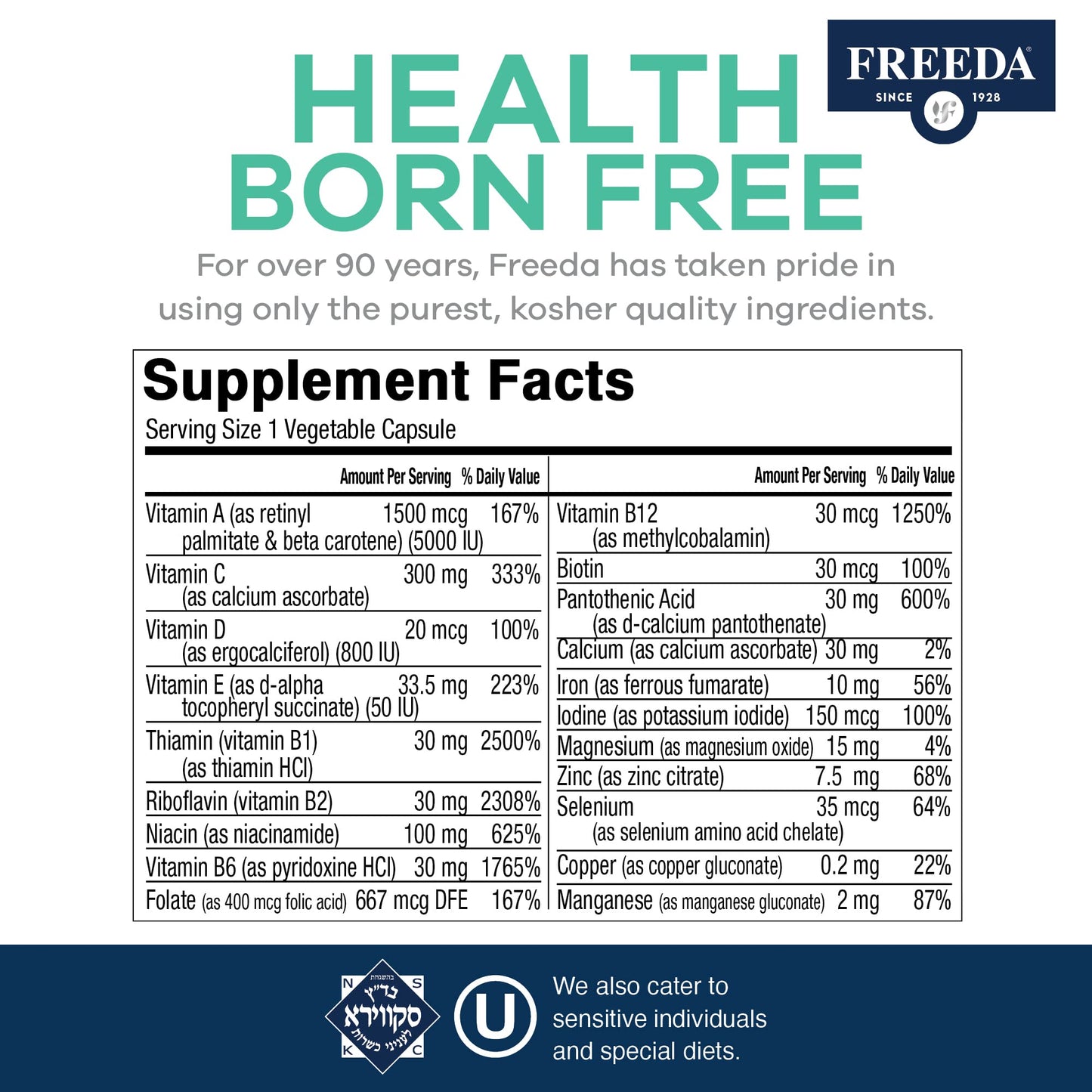FREEDA multivitamínico tabla de ingredientes