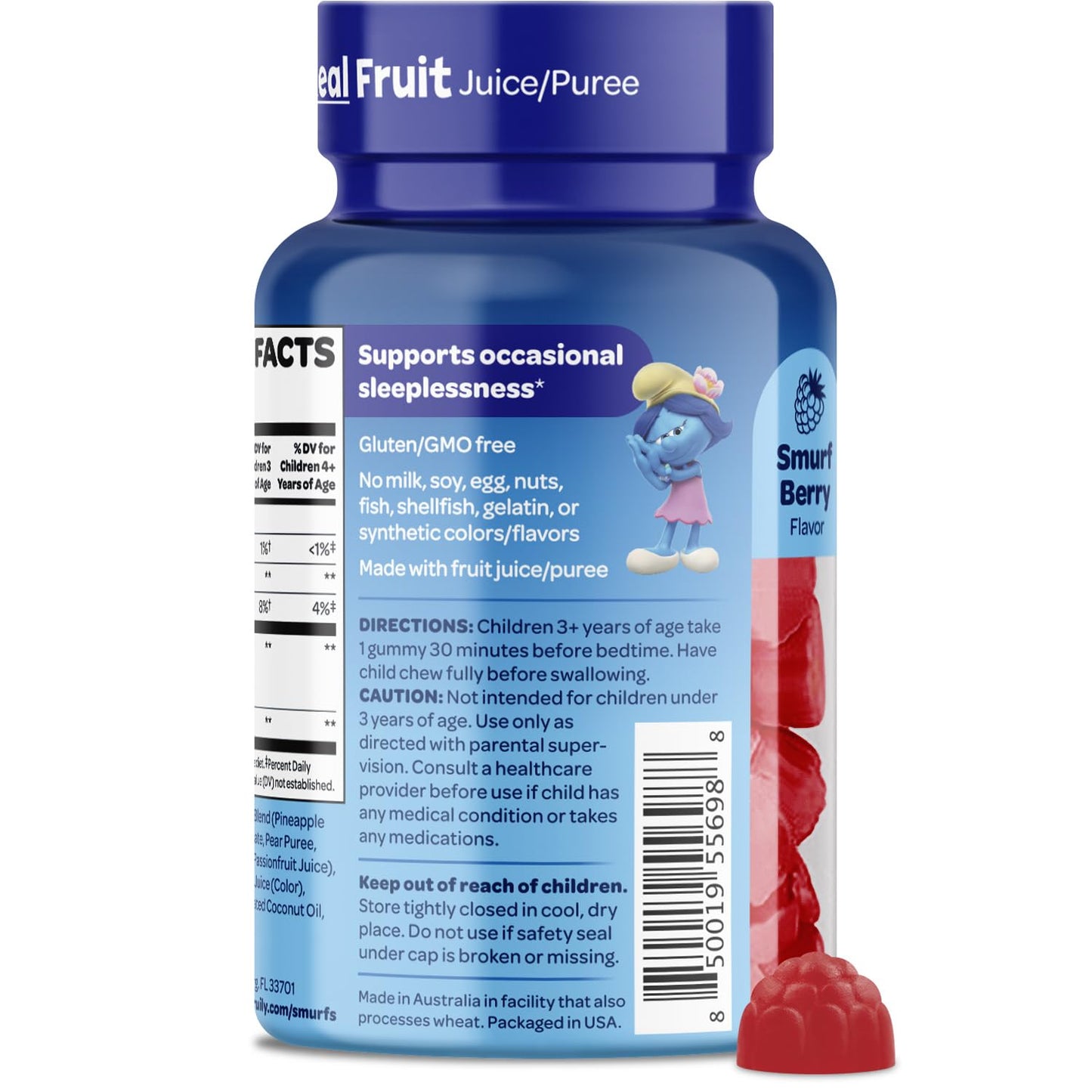 frente envase gomitas melatonina niños con fruta real los pitufos