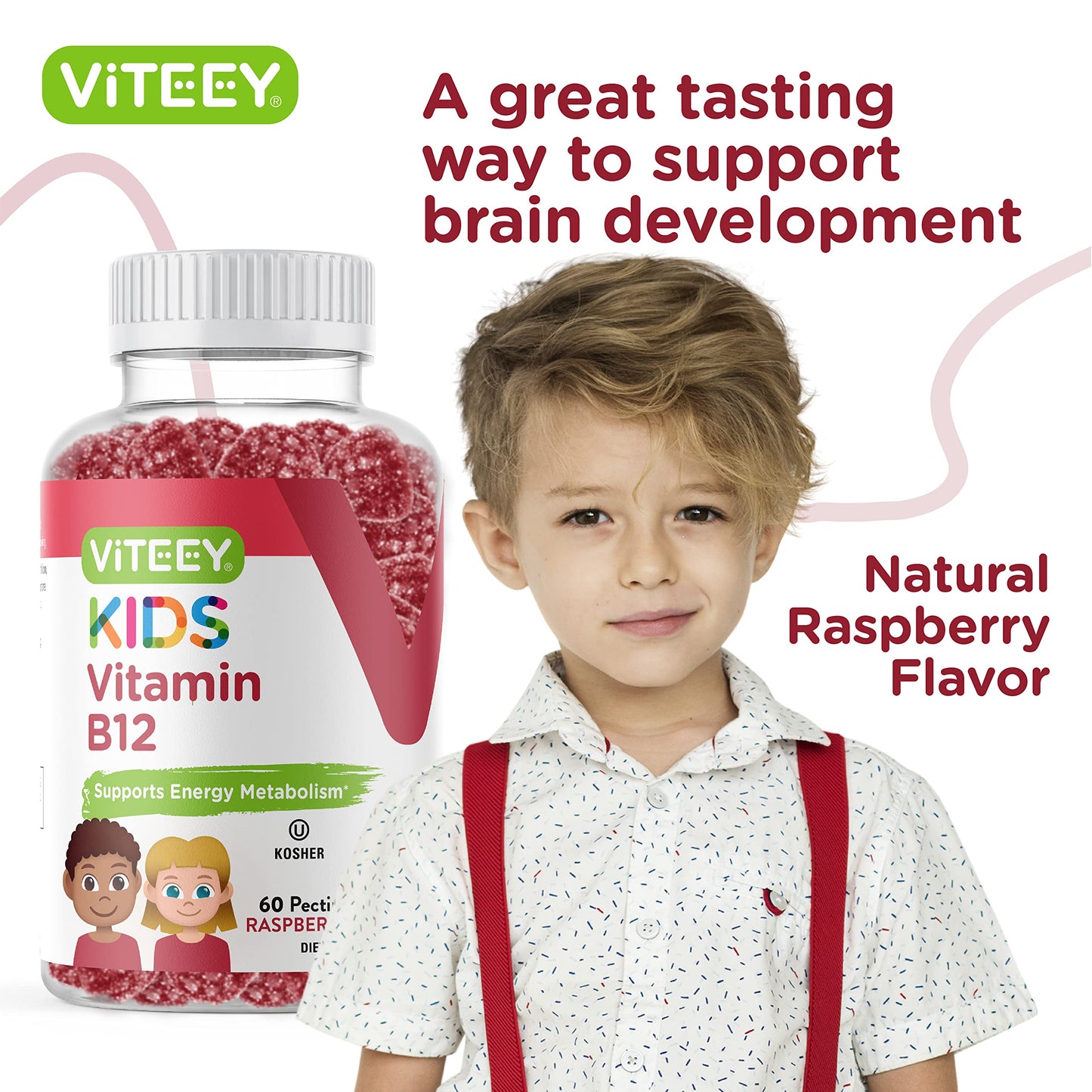 Frente del paquete gominolas vitamina B12 para niños Viteey frambuesa