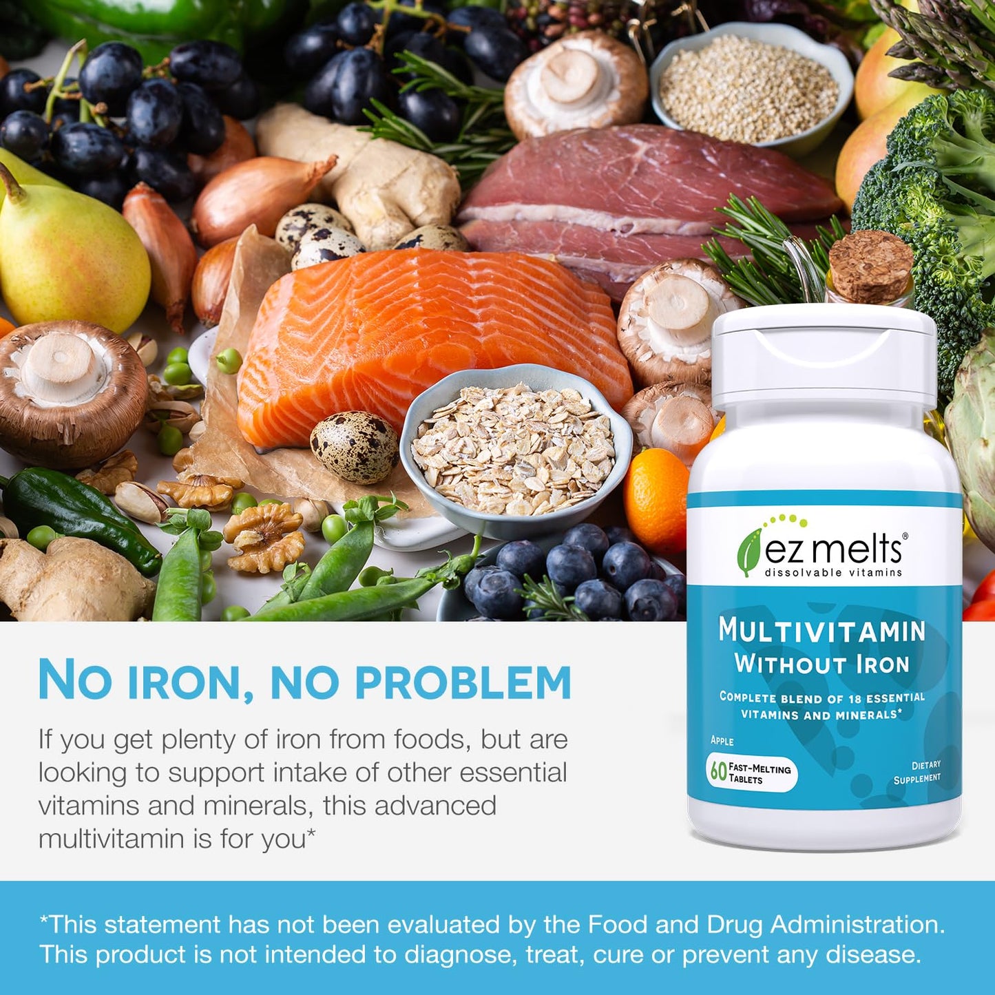 Frutas y verduras saludables con EZ Melts multivitaminas sin hierro