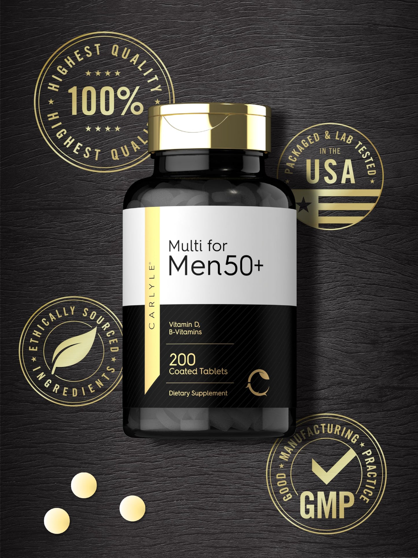 Garantía de calidad Carlyle en frasco de multivitaminas para hombres 50+