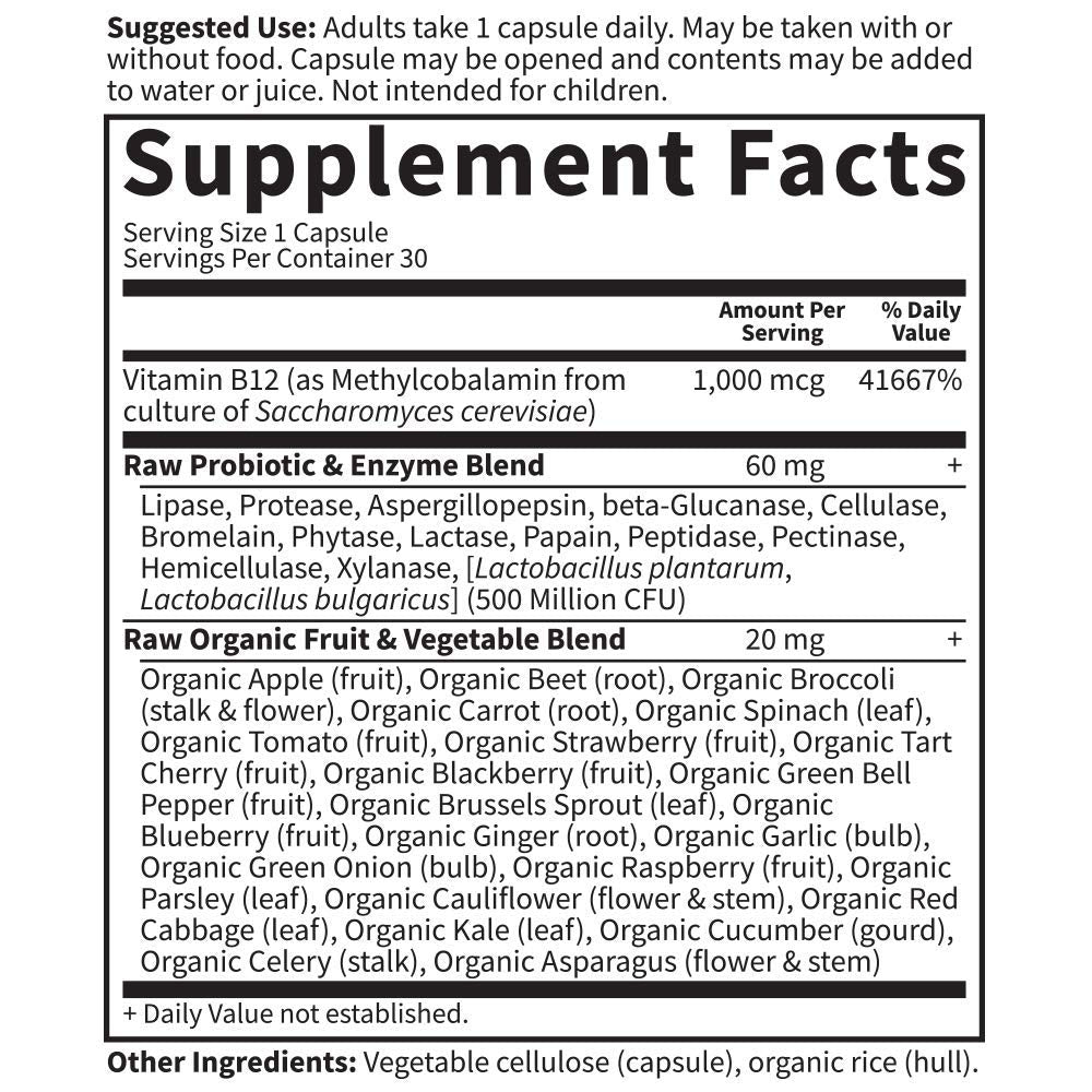 Frasco Garden of Life cápsulas vitamina B12 metilcobalamina pura