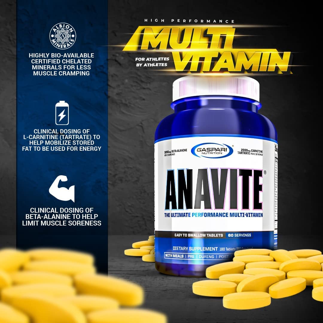 Gaspari Anavite con píldoras multivitamínicas amarillo claro.