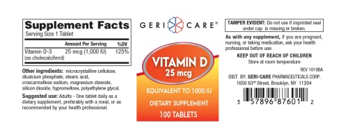 Tabletas GeriCare vitamina d 25mcg lado botella