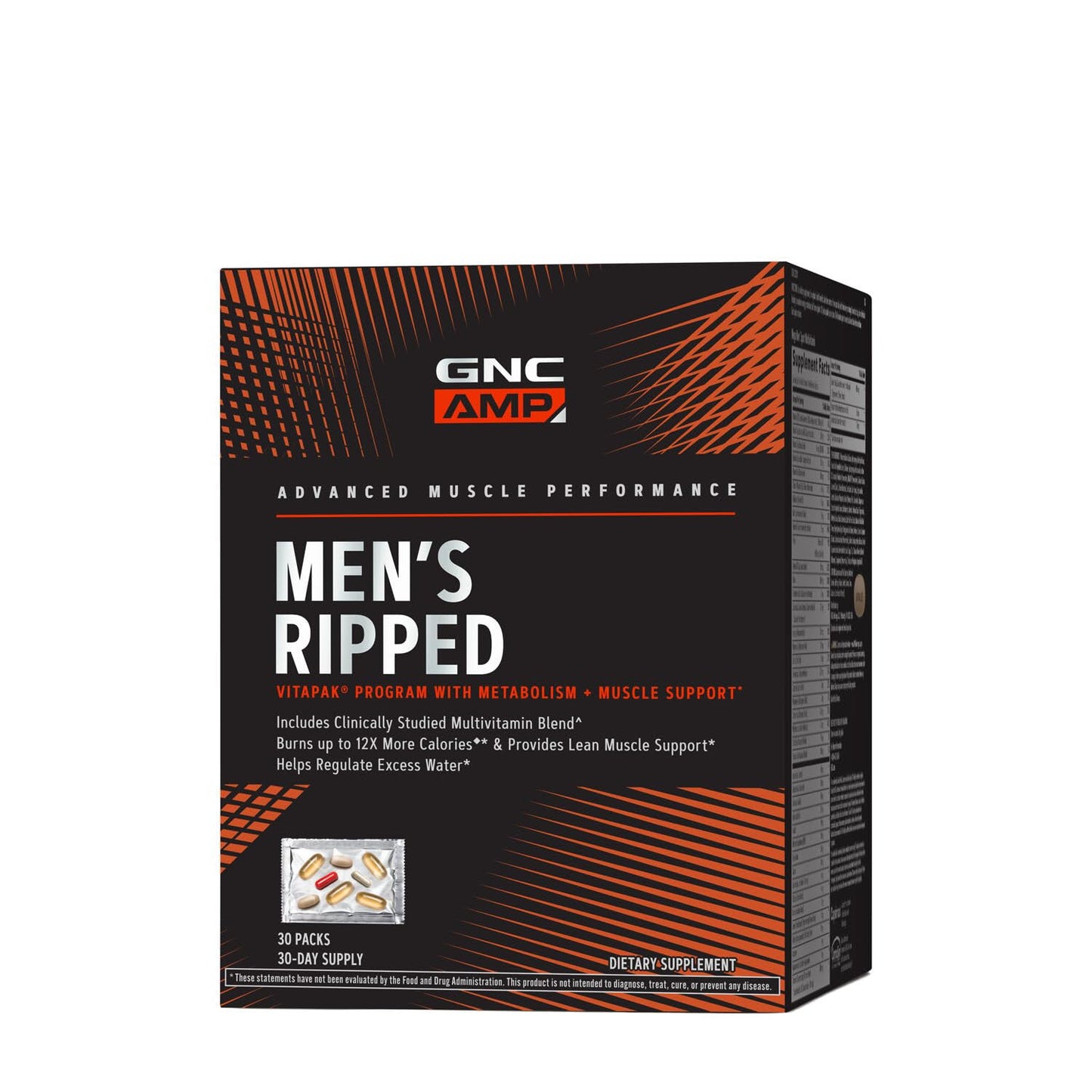 GNC AMP Men's Ripped Vitapak caja frontal en negro y naranja