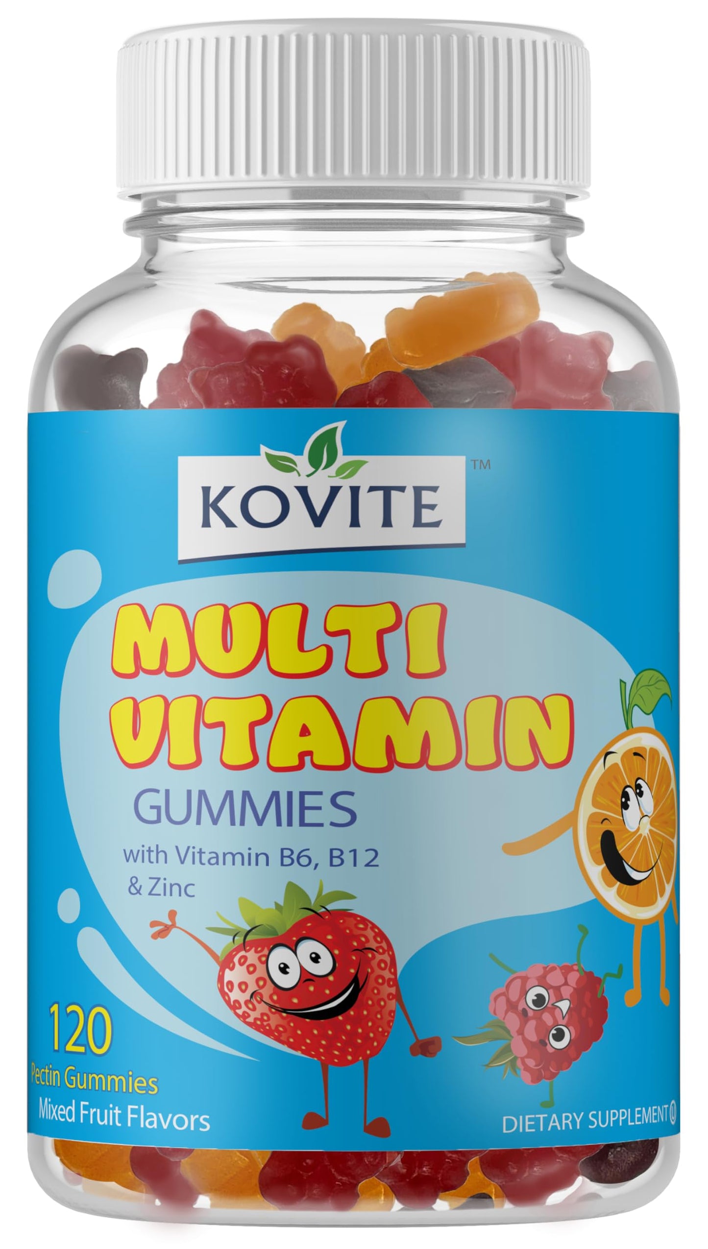 Gomas multivitaminas Kovite para niños en bote transparente.