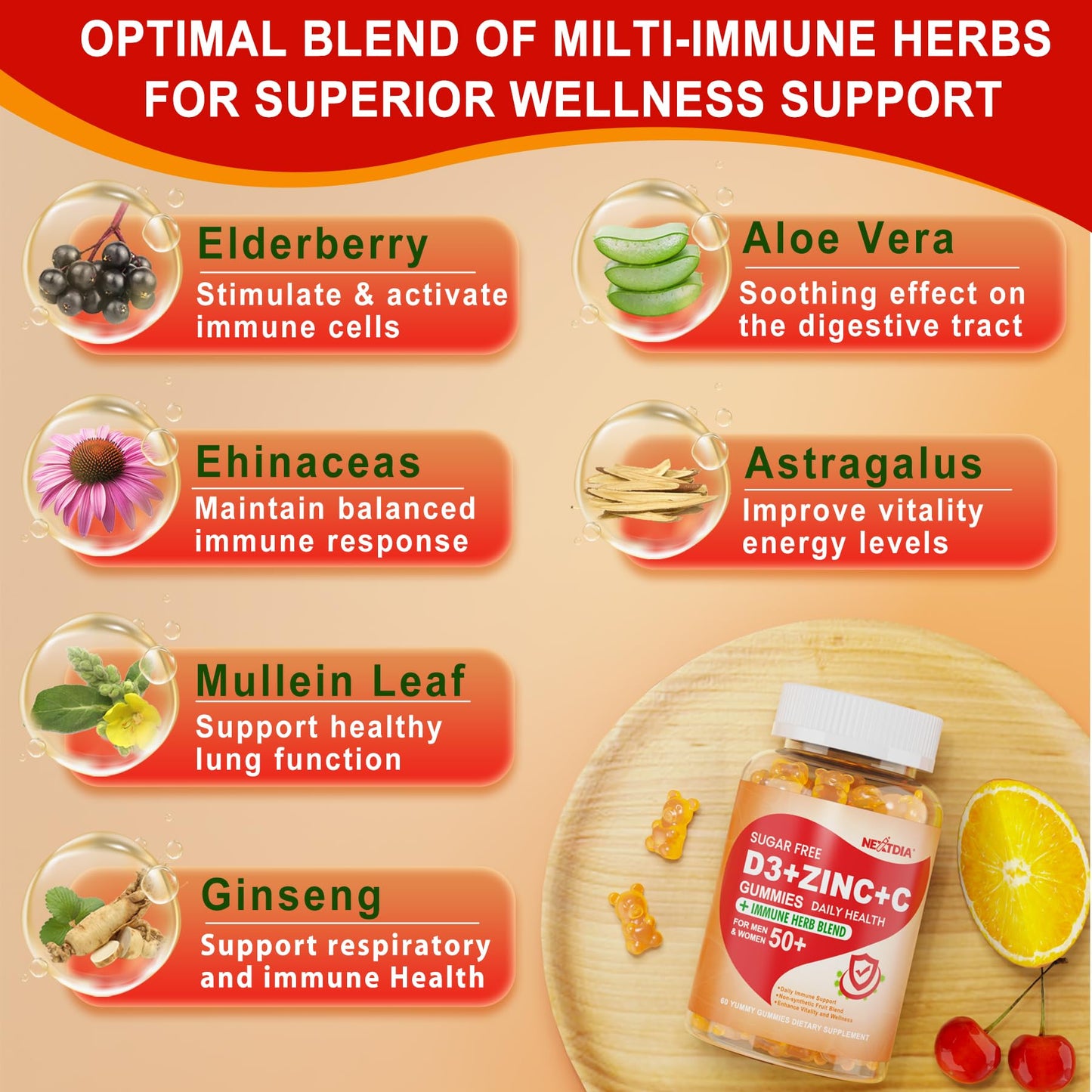 Gominolas nextdia vitaminas c d3 zinc y mezcla herbal sabor durazno