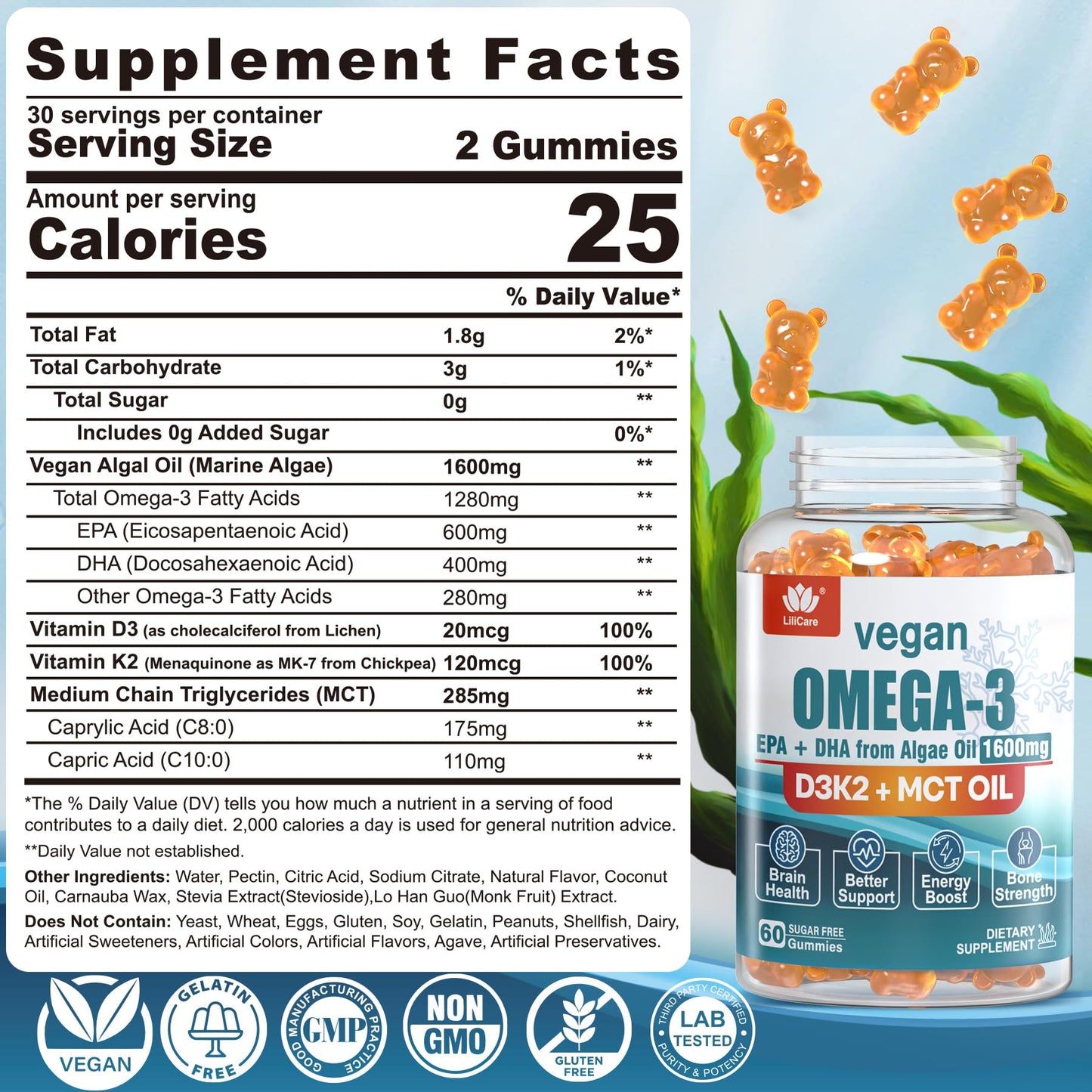 Gominolas vegan LILICARE vitamina C omega 3 vegetal suplemento