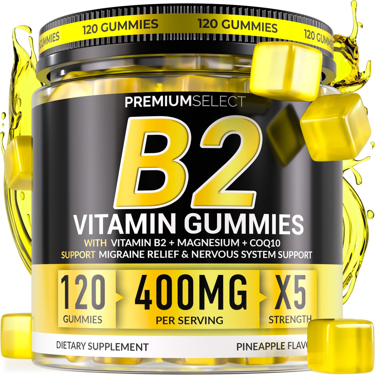 Botella de gominolas de vitamina B2 con magnesio y CoQ10
