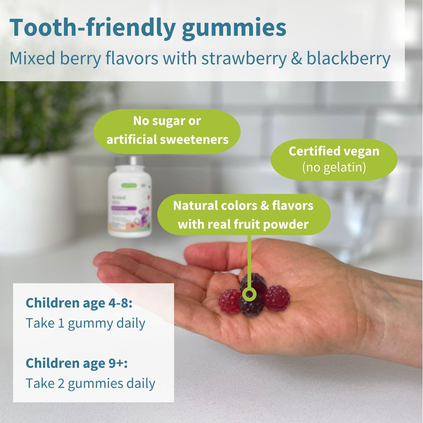 Gomitas amigables con los dientes para niños, sabor a bayas mezcladas.