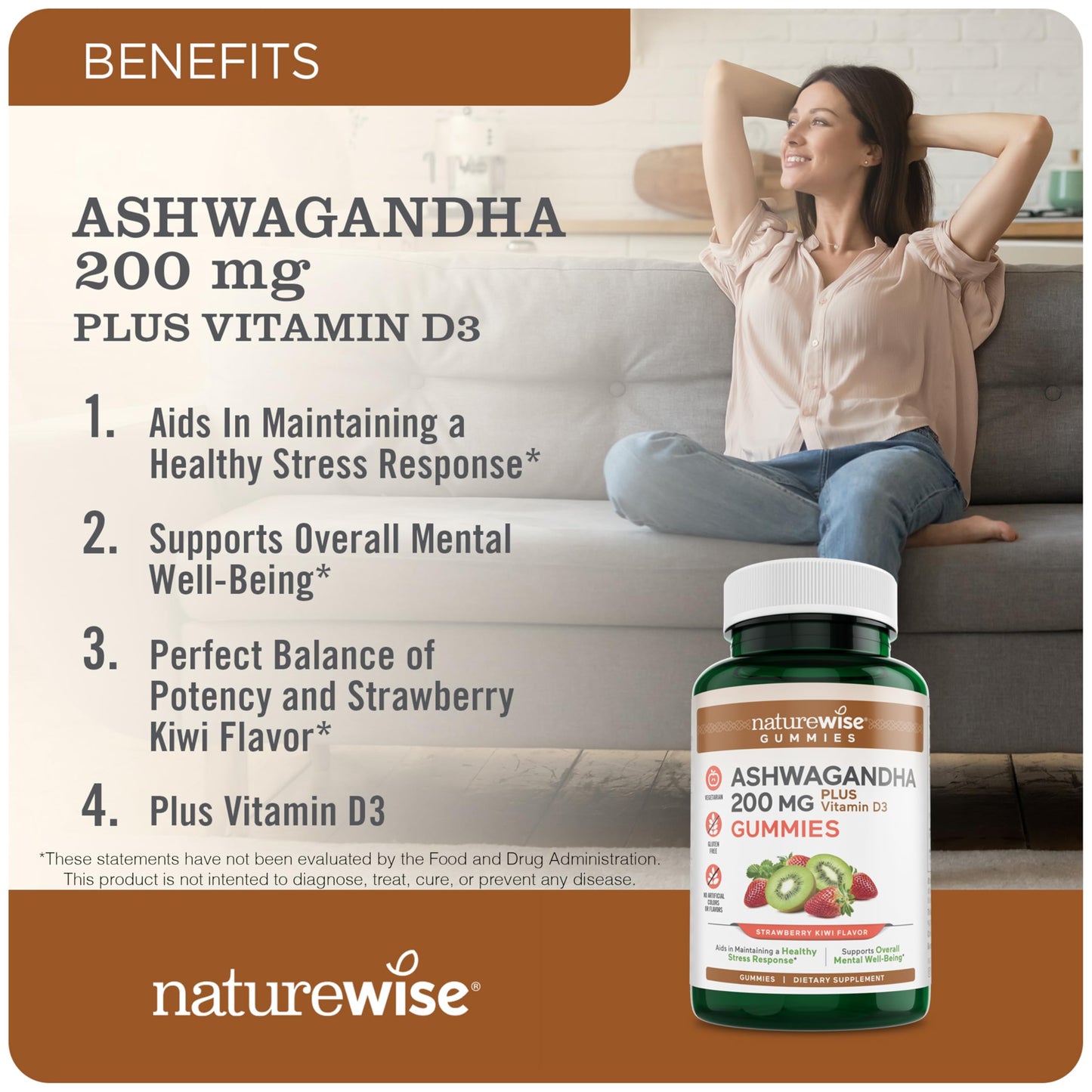 Gomitas Ashwagandha NatureWise sabor fresa kiwi