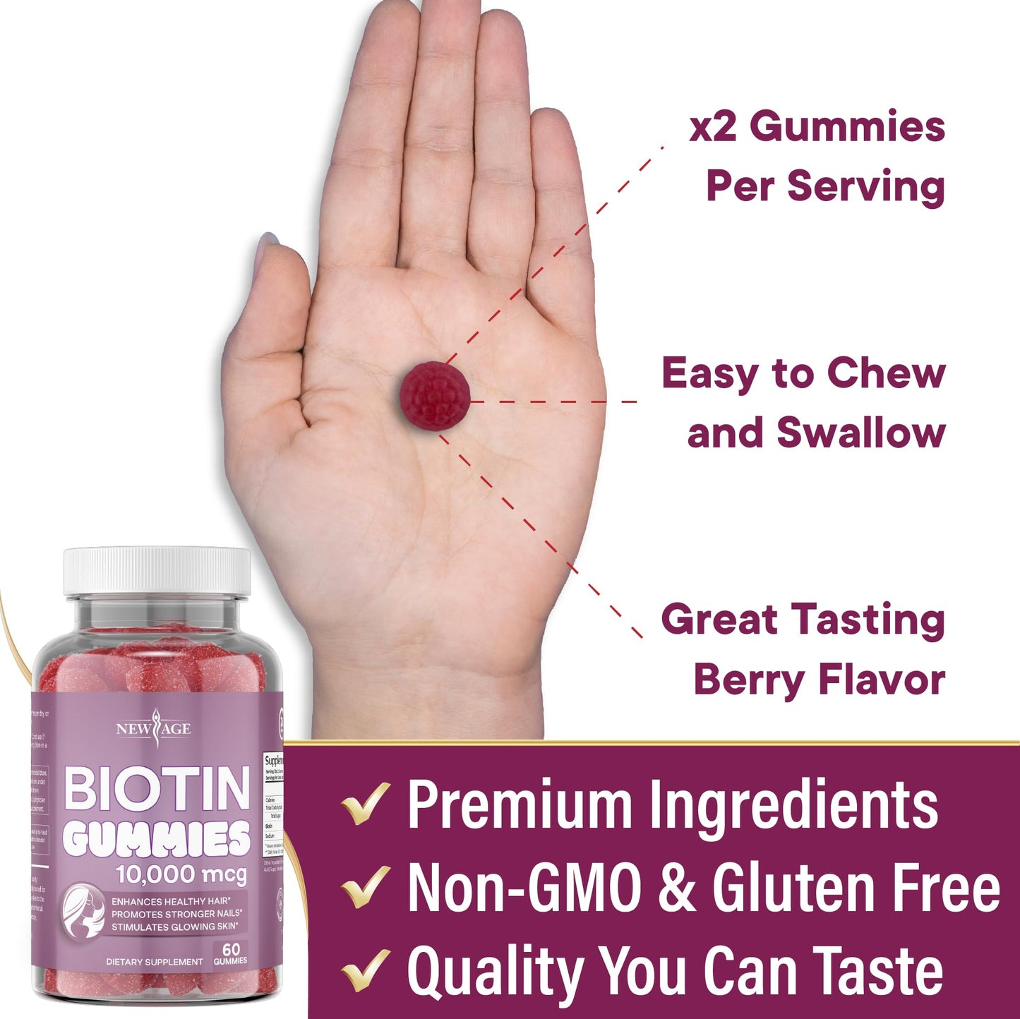 Gomitas de biotina con sabor frutos rojos NEW AGE 120 unidades