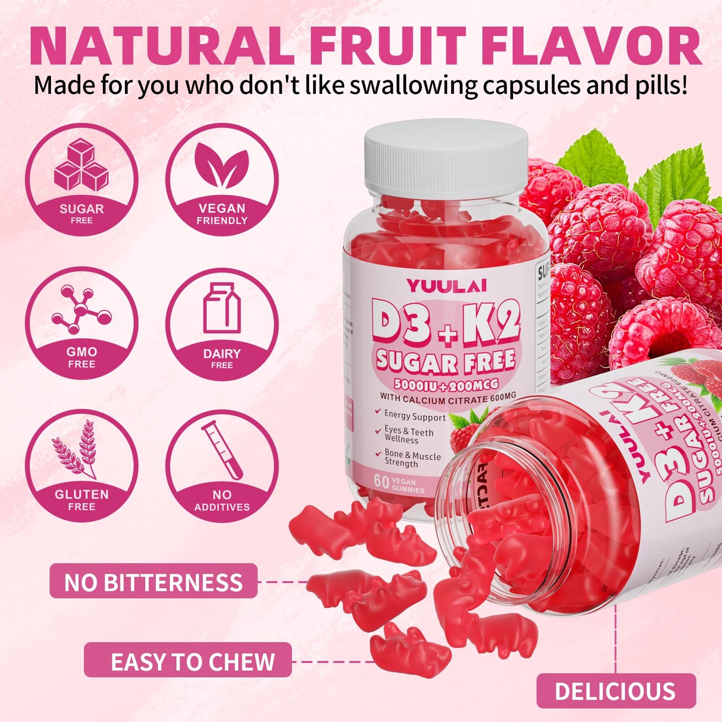 Gomitas D3 K2 pack doble YUULAI apoyo inmunitario y energía