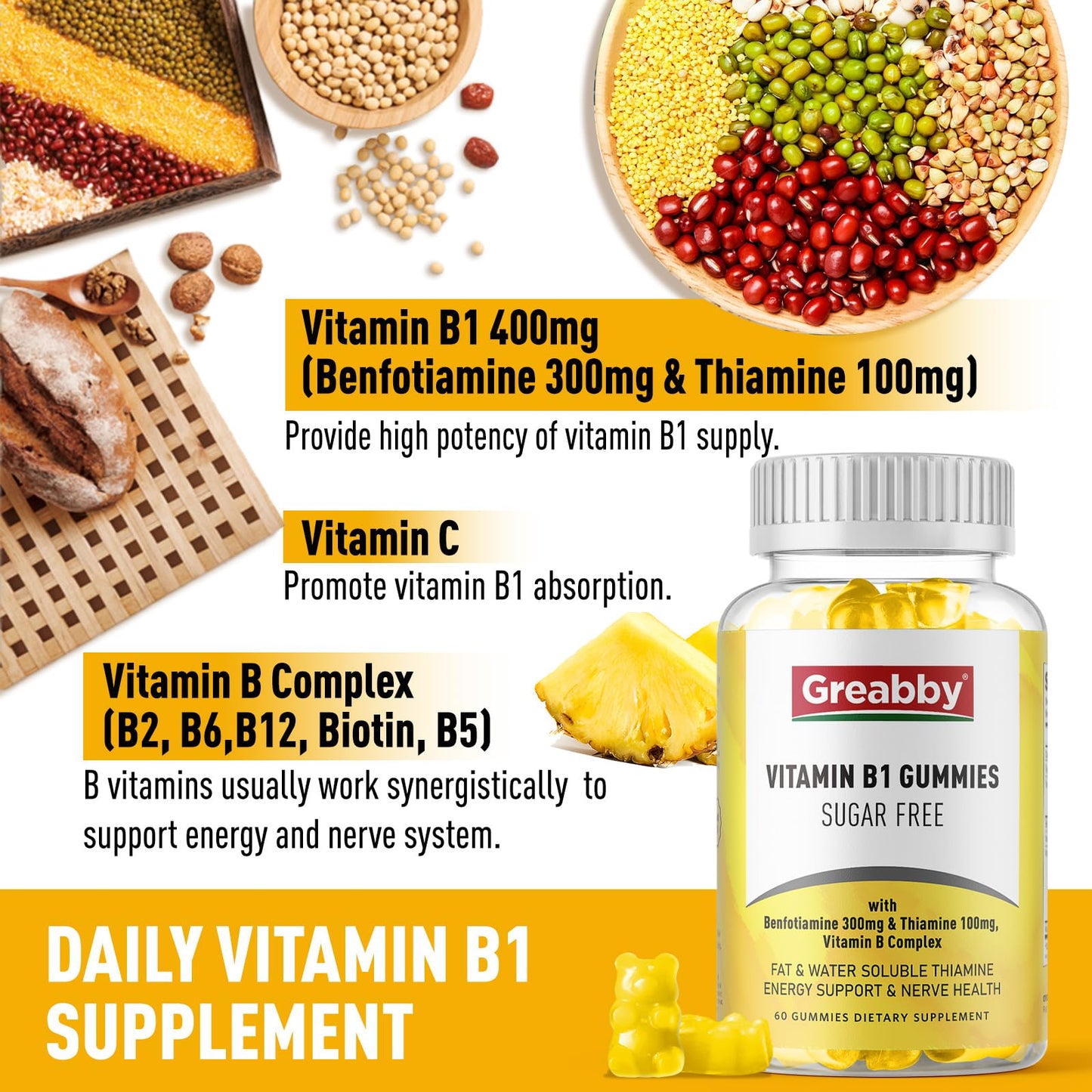 Gomitas GREABBY vitaminas B1 sin azúcar 60 unidades saludables