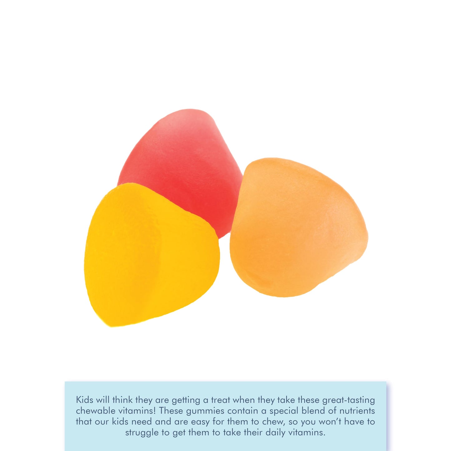 Tres gomitas multivitamínicas de colores sabor fruta.