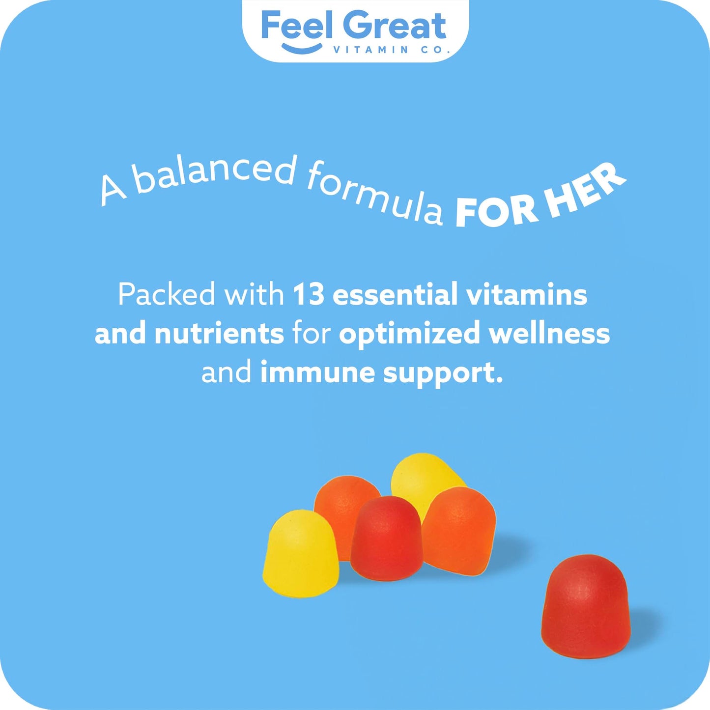 Gomitas multivitamÃnicas en fondo azul para mujeres.