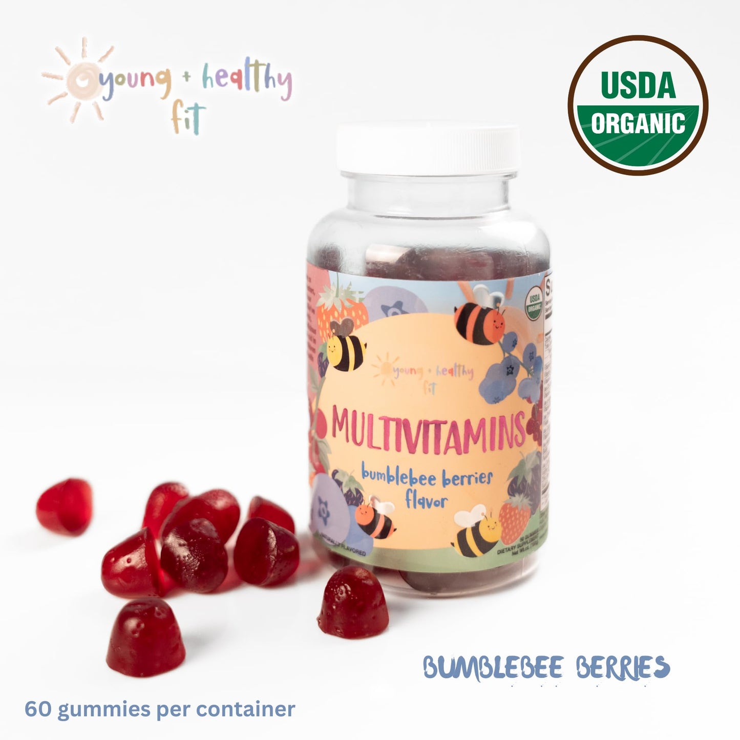 Gomitas multivitamínicas orgánicas con logo USDA.