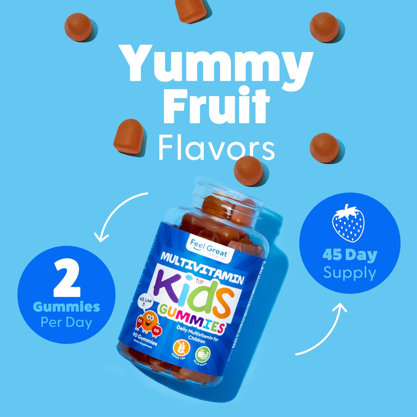 Niño con gomitas multivitamínicas hechas en USA