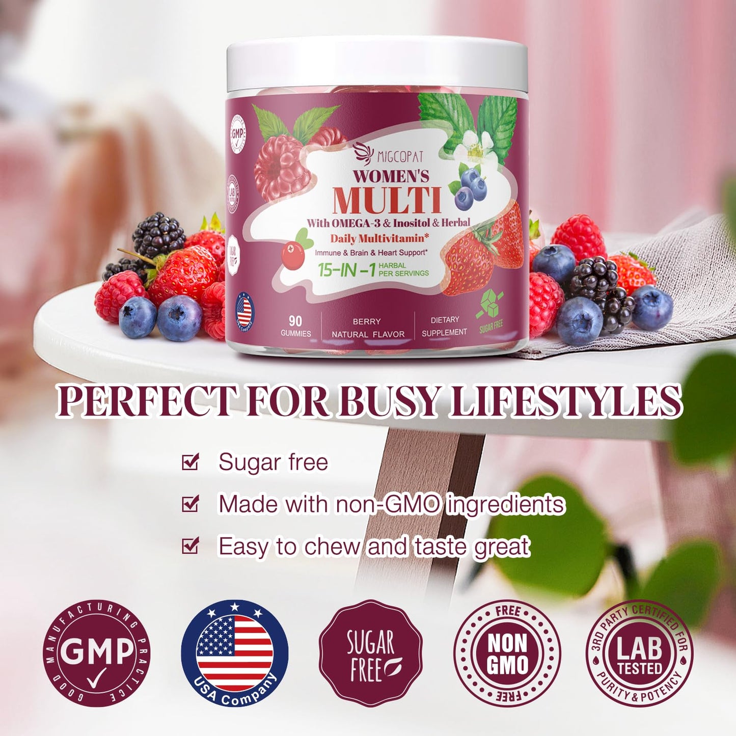 Gomitas multivitamínicas para mujeres, estilo de vida ocupado.