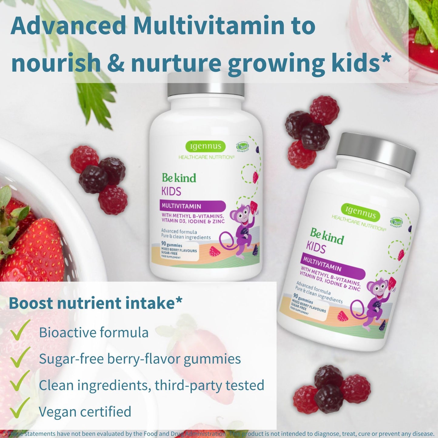 Gomitas multivitamínicas avanzadas para niños Igennus en fondo de frutas.