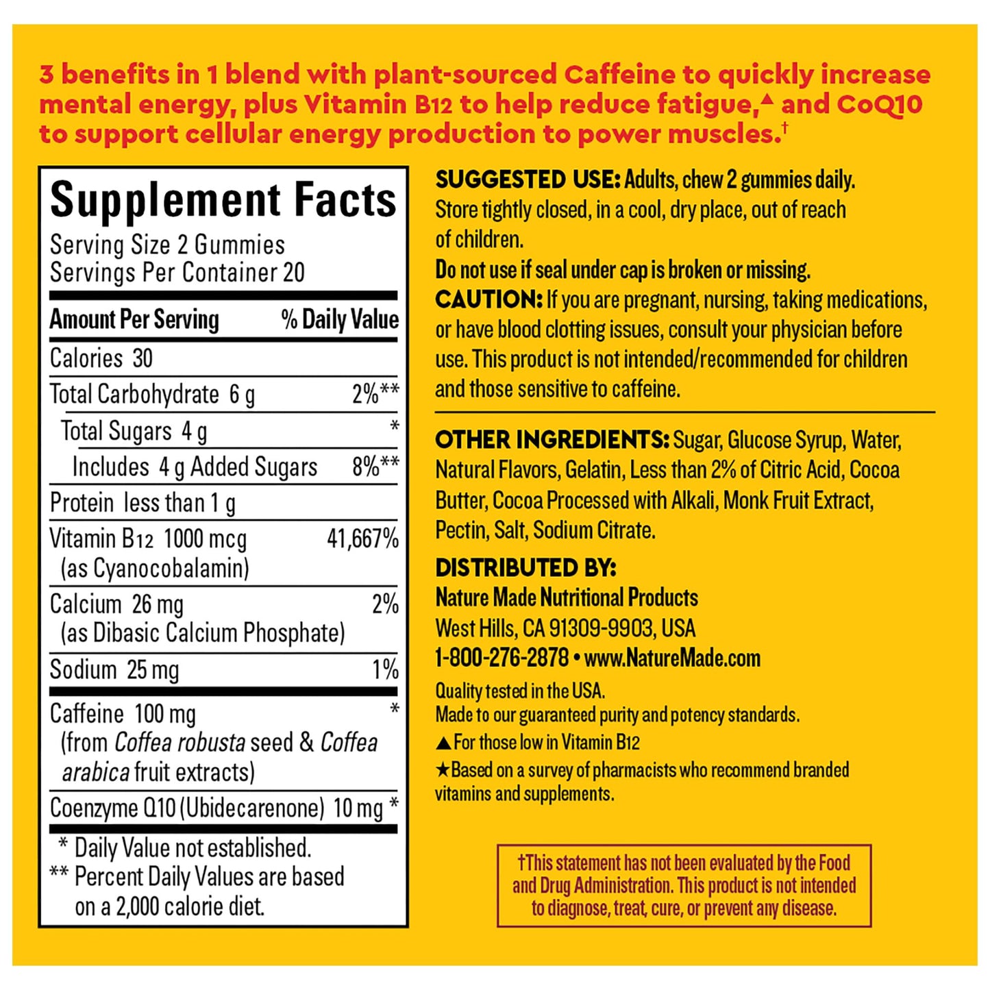 Gomitas Nature Made sin gluten con cafeína y vitamina B12