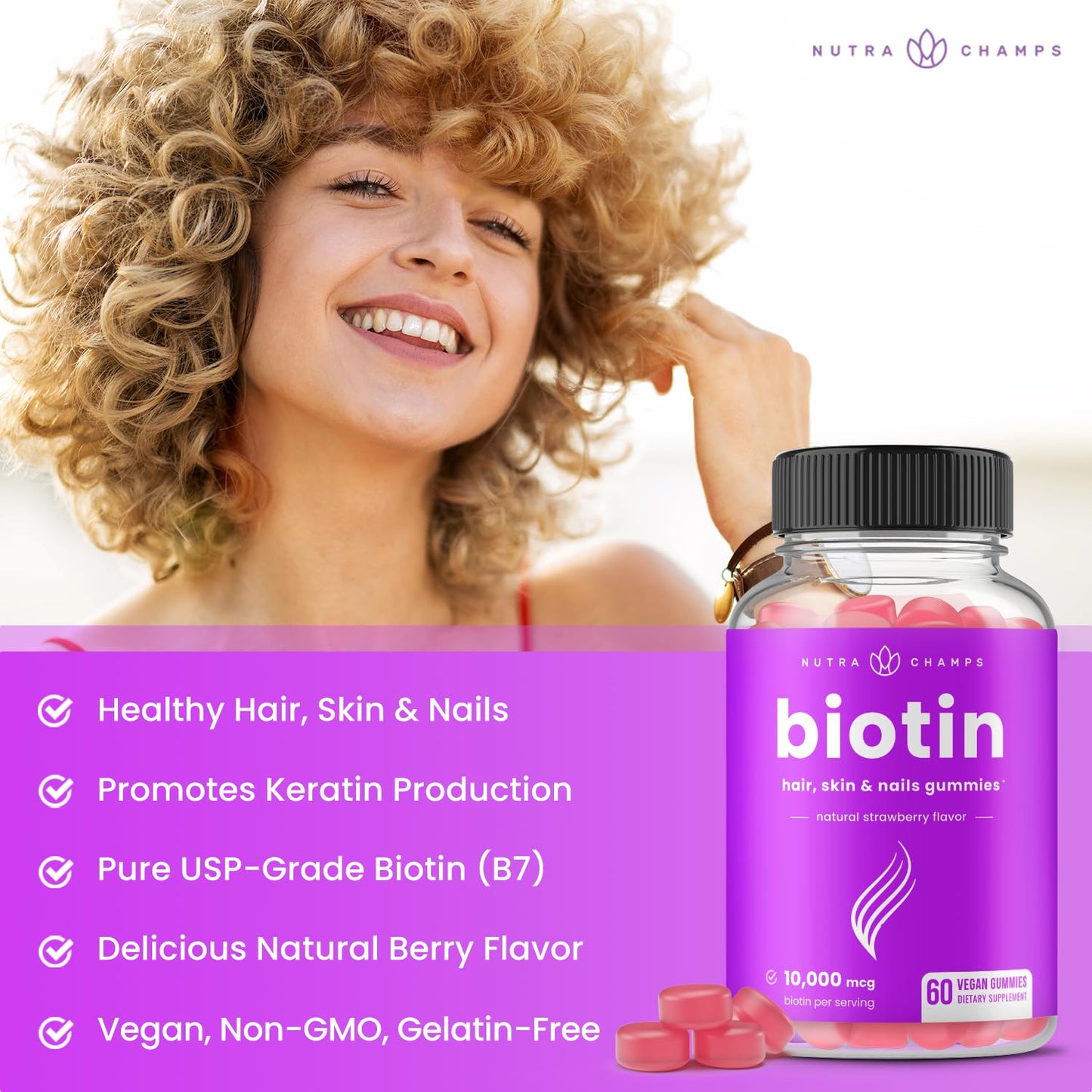 Gomitas NutraChamps biotina 10000mcg para cabello piel uñas