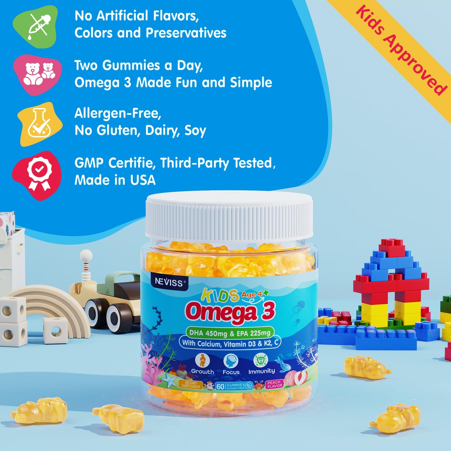Gomitas para niños NEVISS nicotinamida y omega 3 sin azúcar