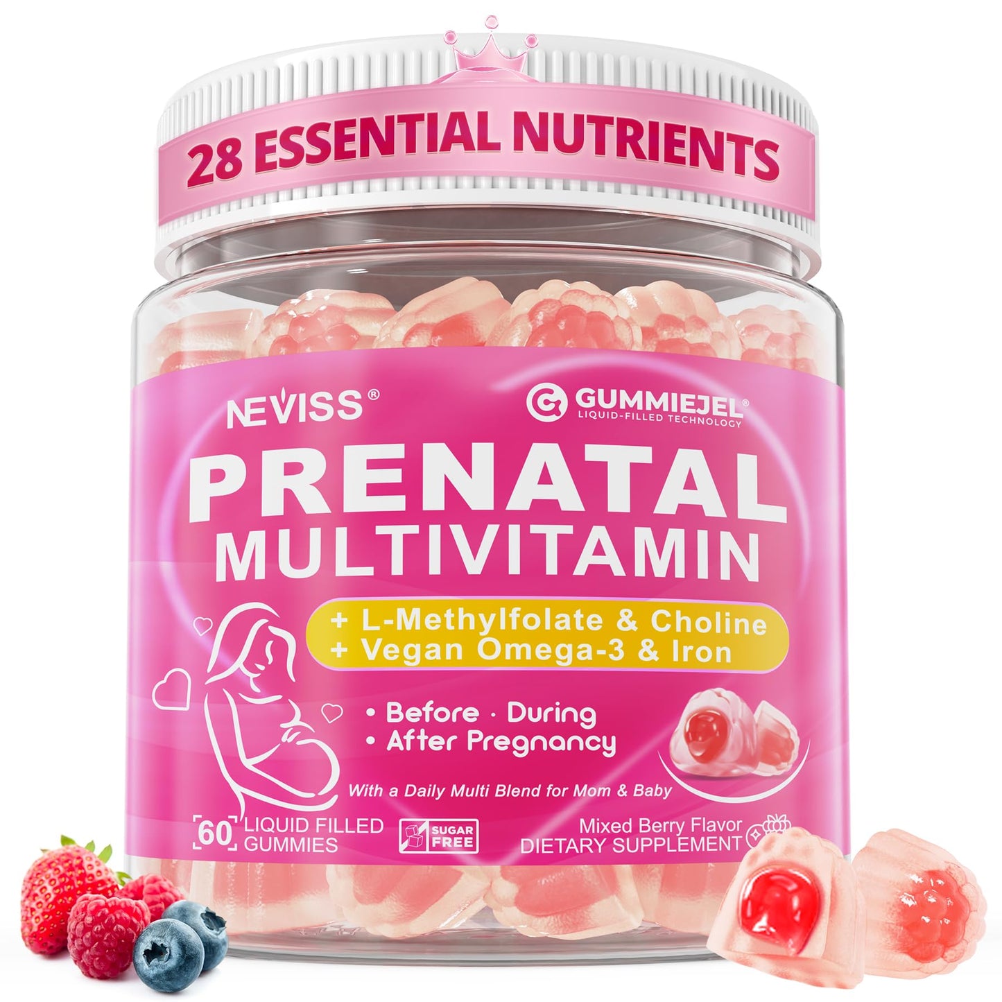 Frasco de gomitas prenatales NEVISS con metilfolato y omega-3