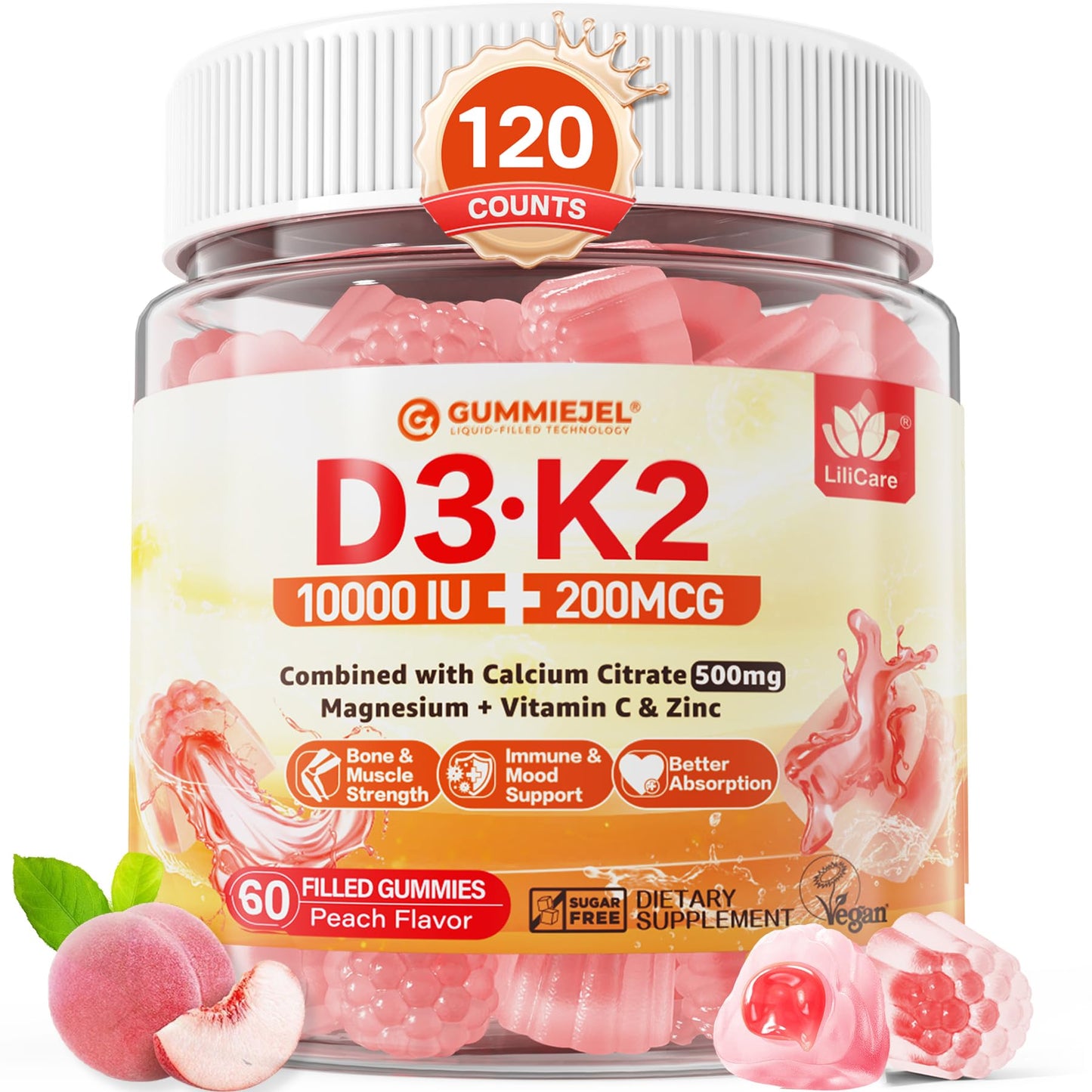 Gomitas rellenas vitamina D3 K2 LILICARE sabor durazno