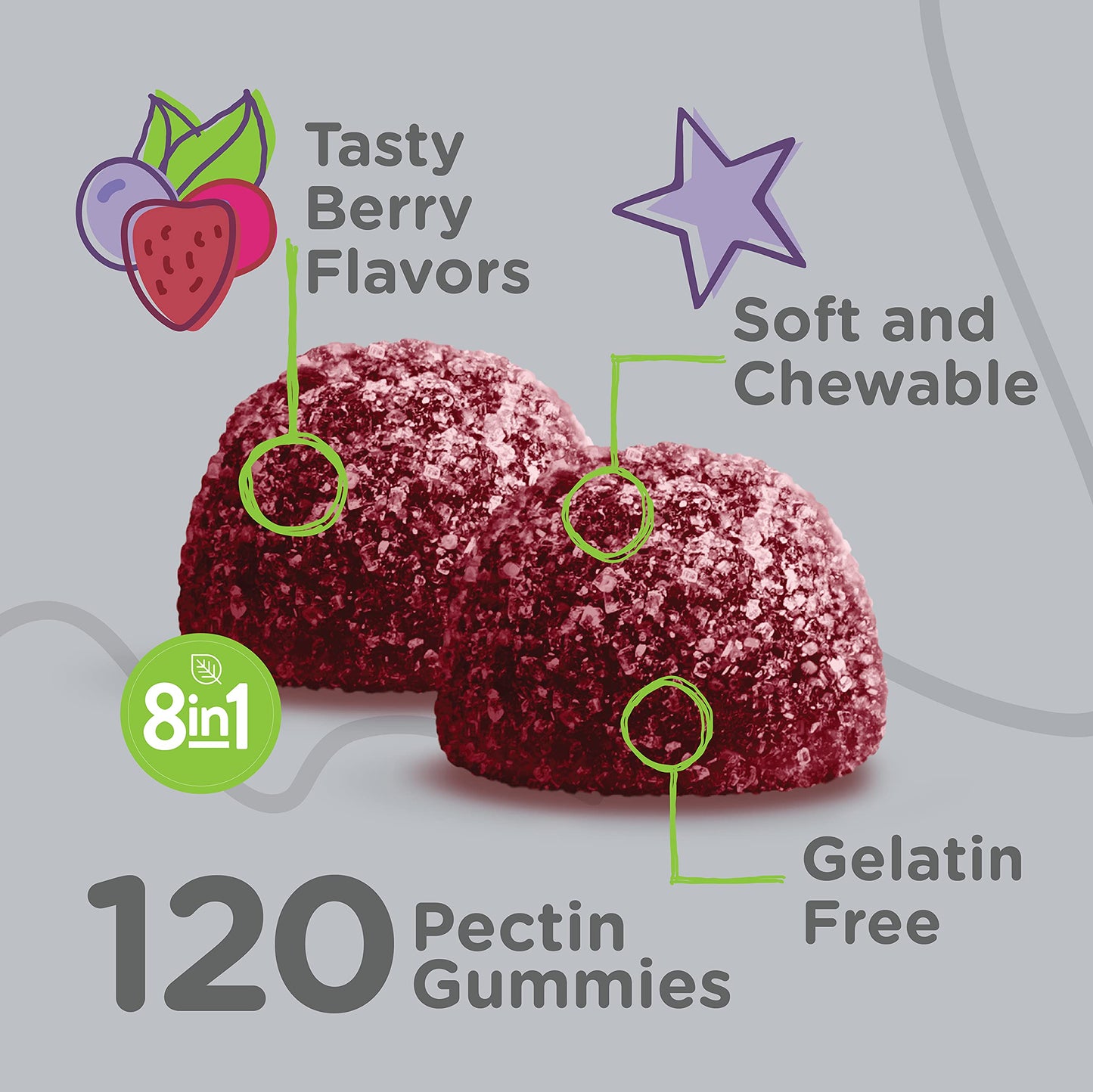 Gomitas sabor bayas suaves y masticables sin gelatina 120 unidades