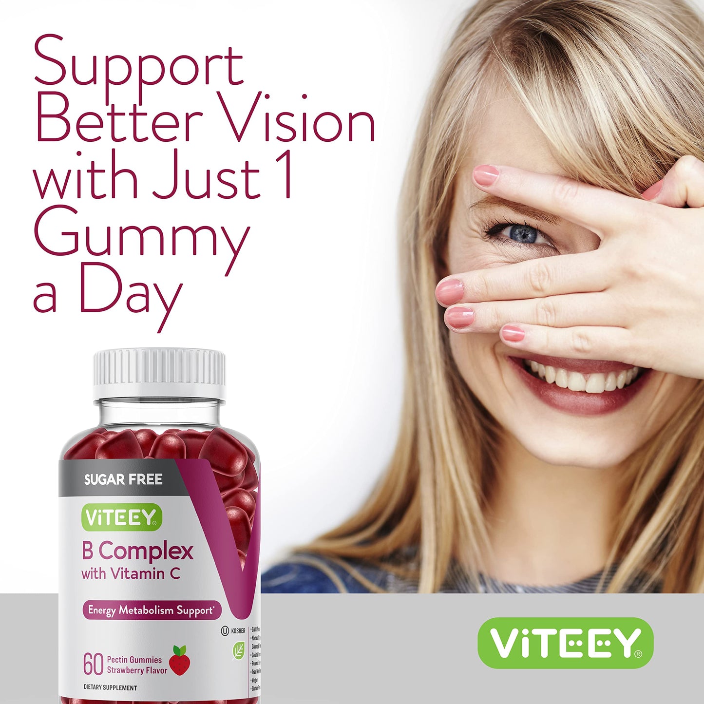 Gomitas Vitamin B Complex Viteey sabor fresa sin azúcar paquete