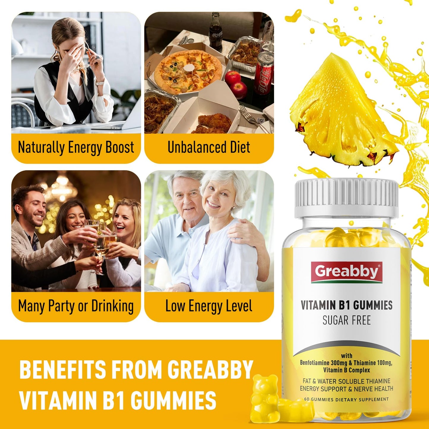 Gomitas de vitamina B1 y complejo B por GREABBY sin azúcar añadida