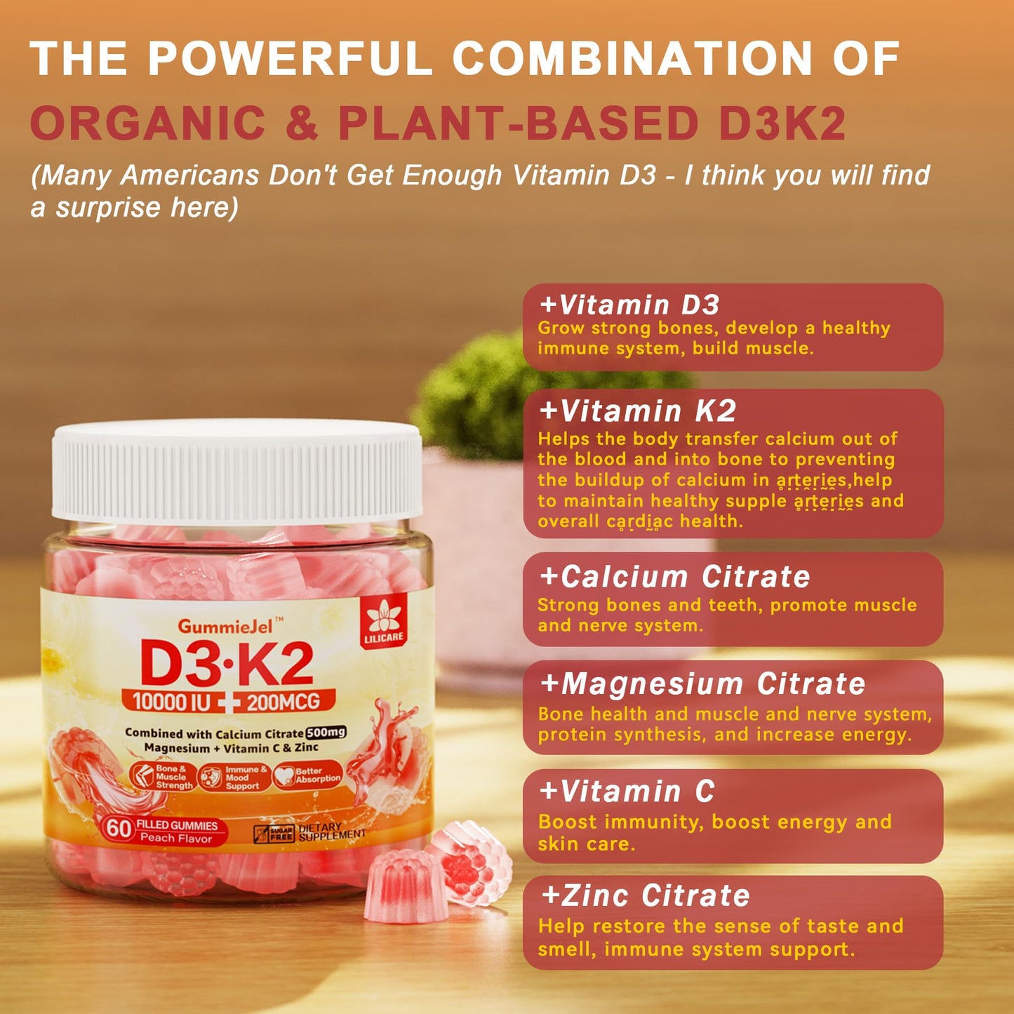 Gomitas vitamina D3 K2 con calcio para salud ósea LILICARE