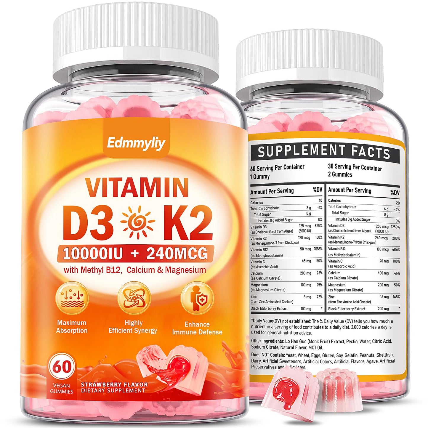 Gomitas vitamina D3 K2 veganas Edmmyliy sabor fresa natural 60 unidades