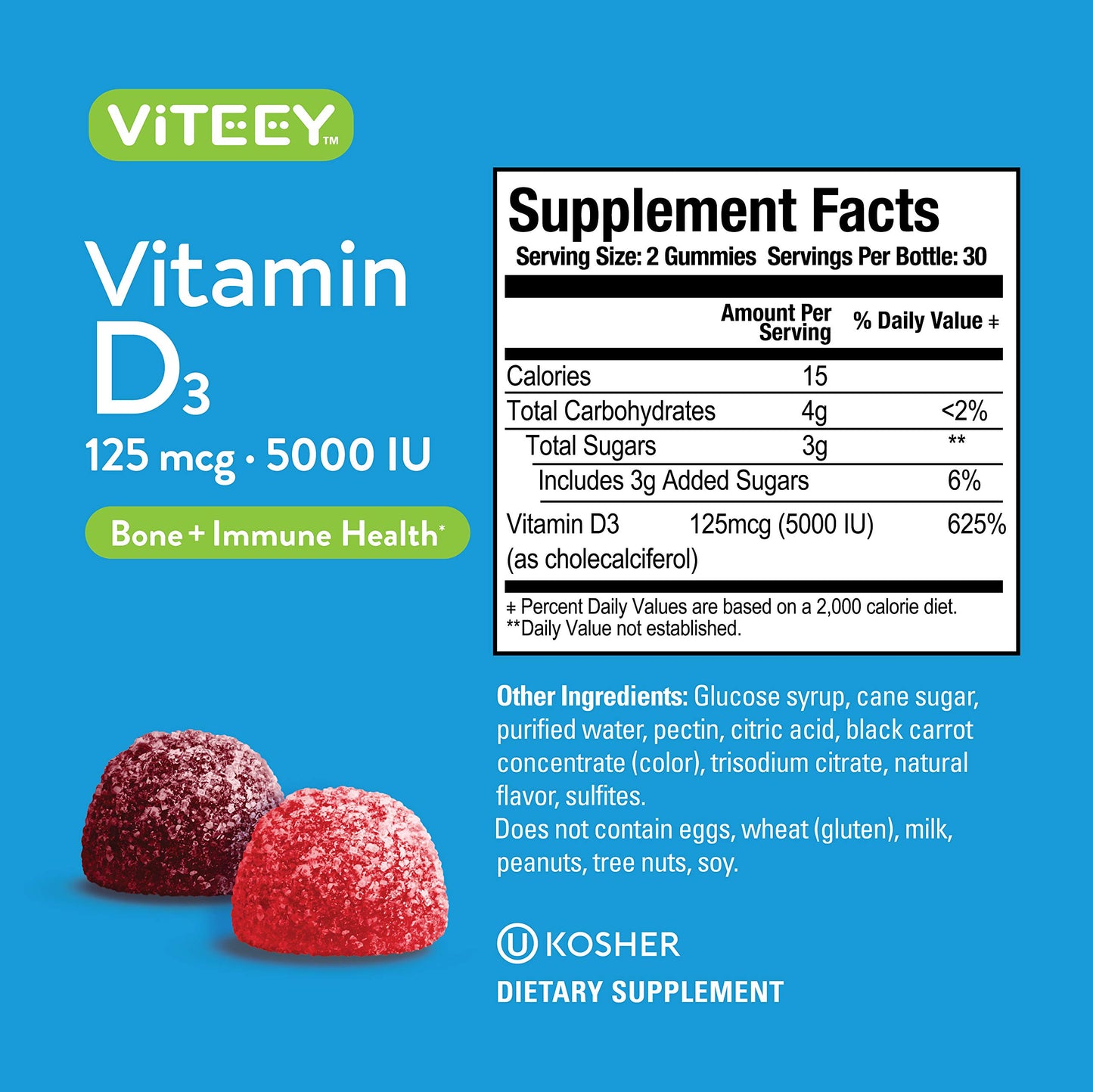 Gomitas Viteey vitamina D3 5000 UI sin gelatina paquete doble