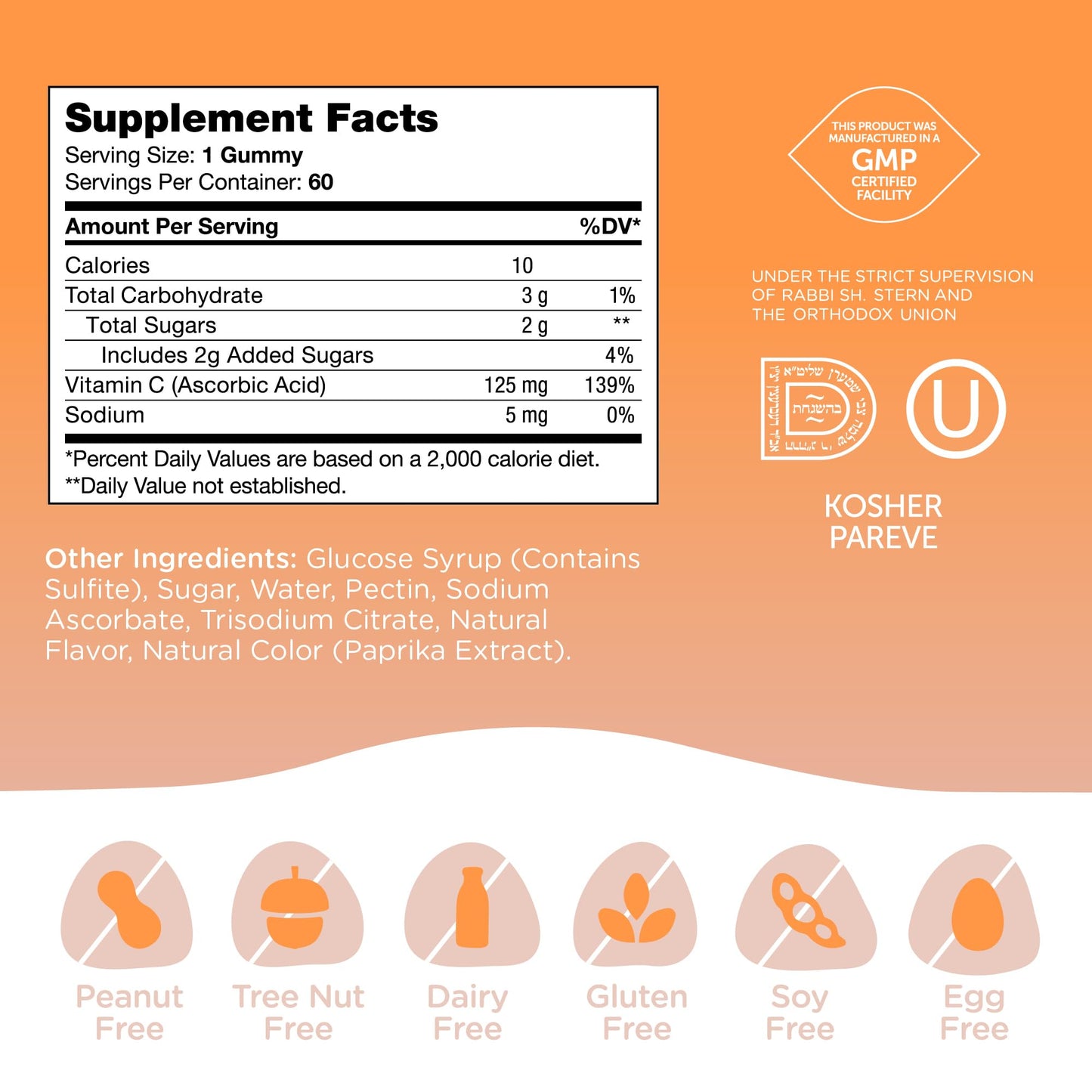Frasco gomitas vitamina c Zahler certificadas kosher y no OGM