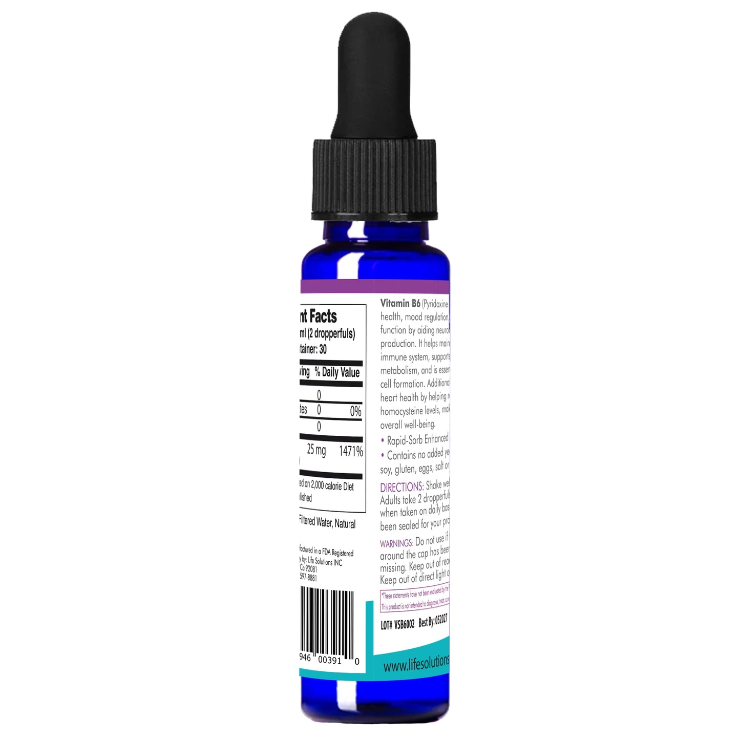 Gota líquida vitamina b6 25 mg Life Solutions para metabolismo