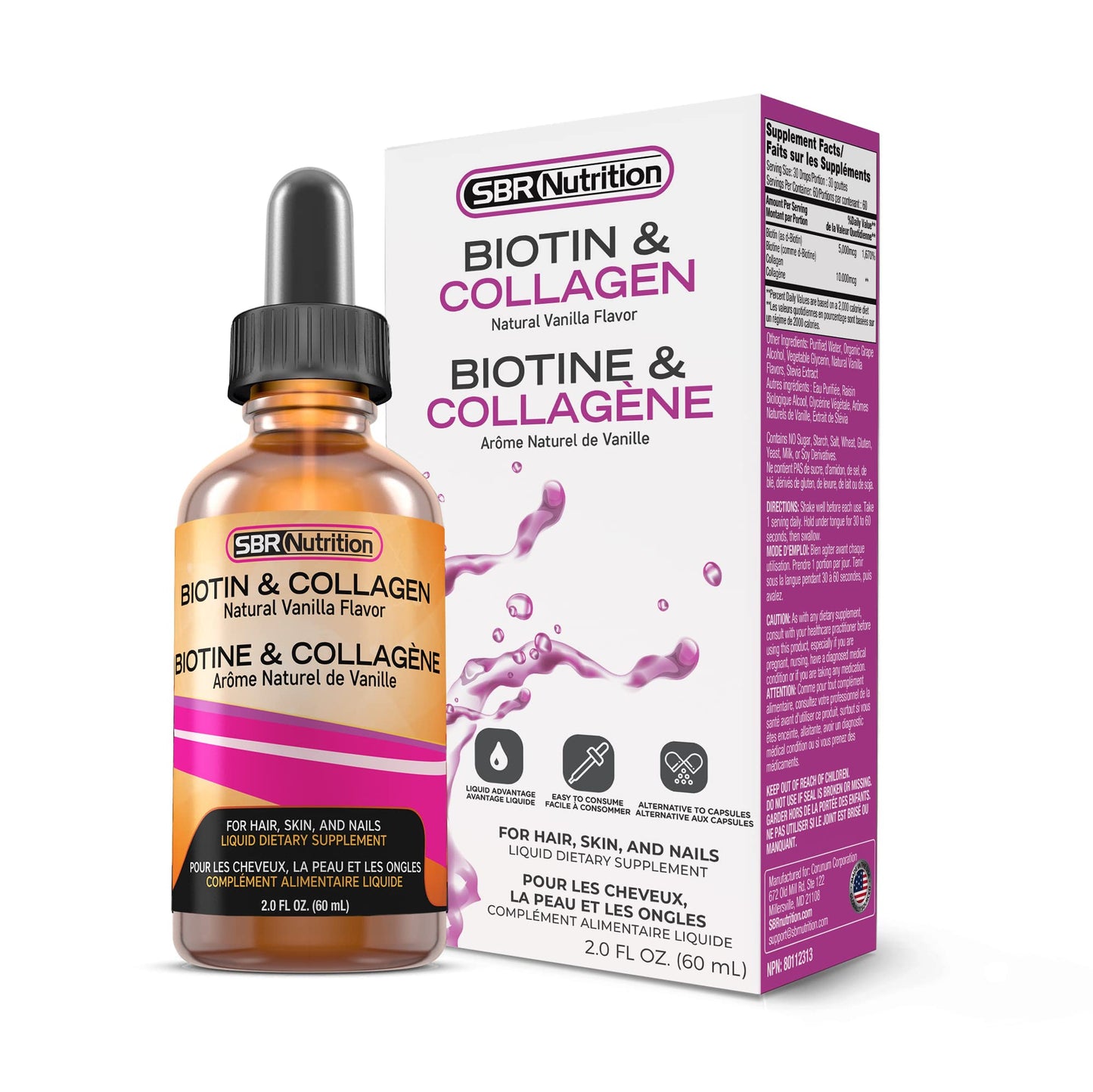 Gotas líquidas de biotina y colágeno SBR con sabor a vainilla