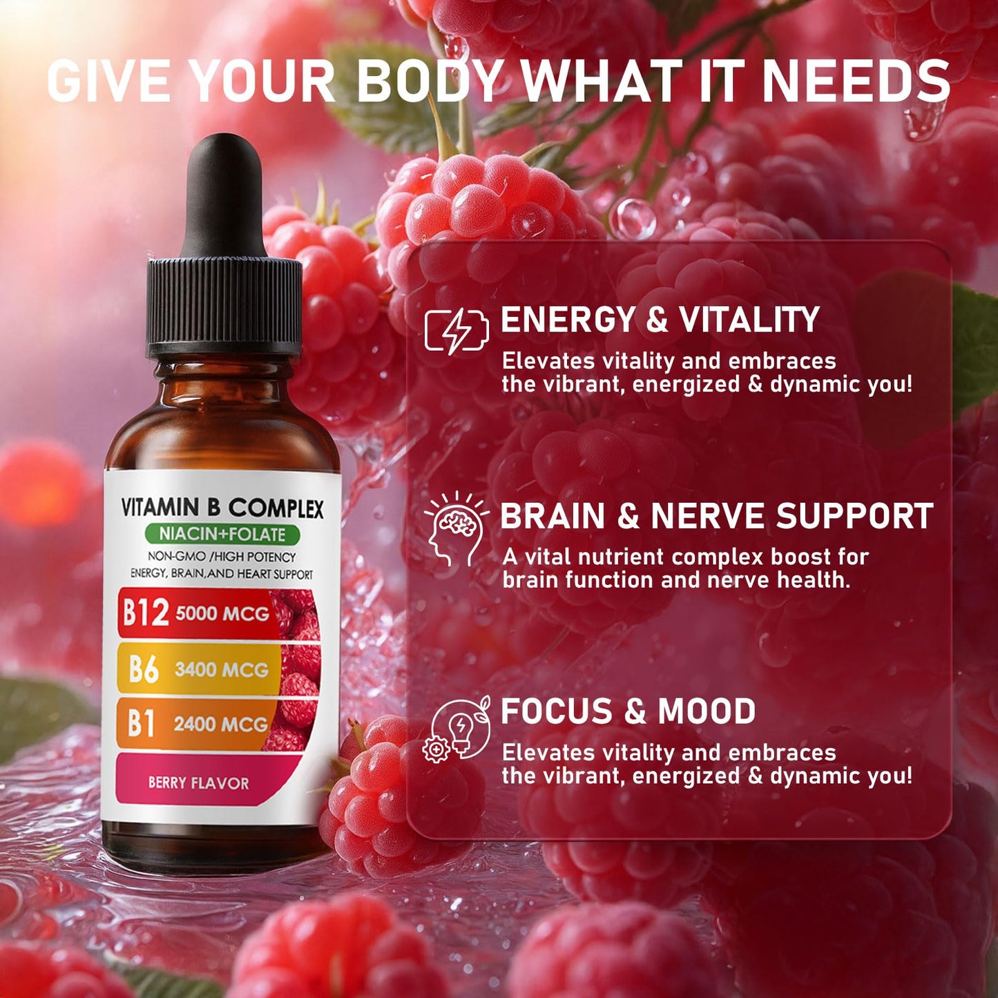 Gotas líquidas de vitamina B sublingual pucges sabor baya
