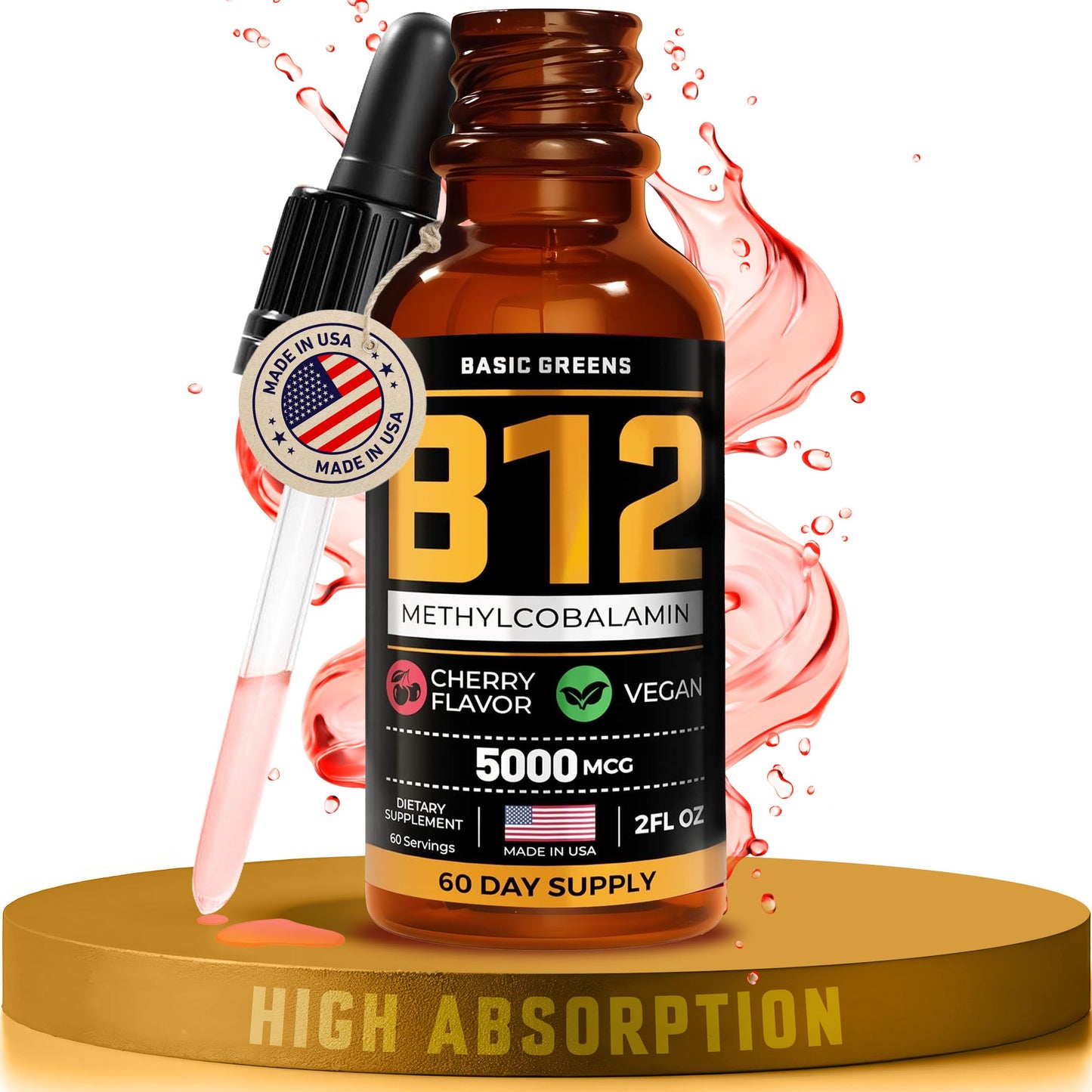 Gotas líquidas vitamina b12 basic greens rojo 2oz