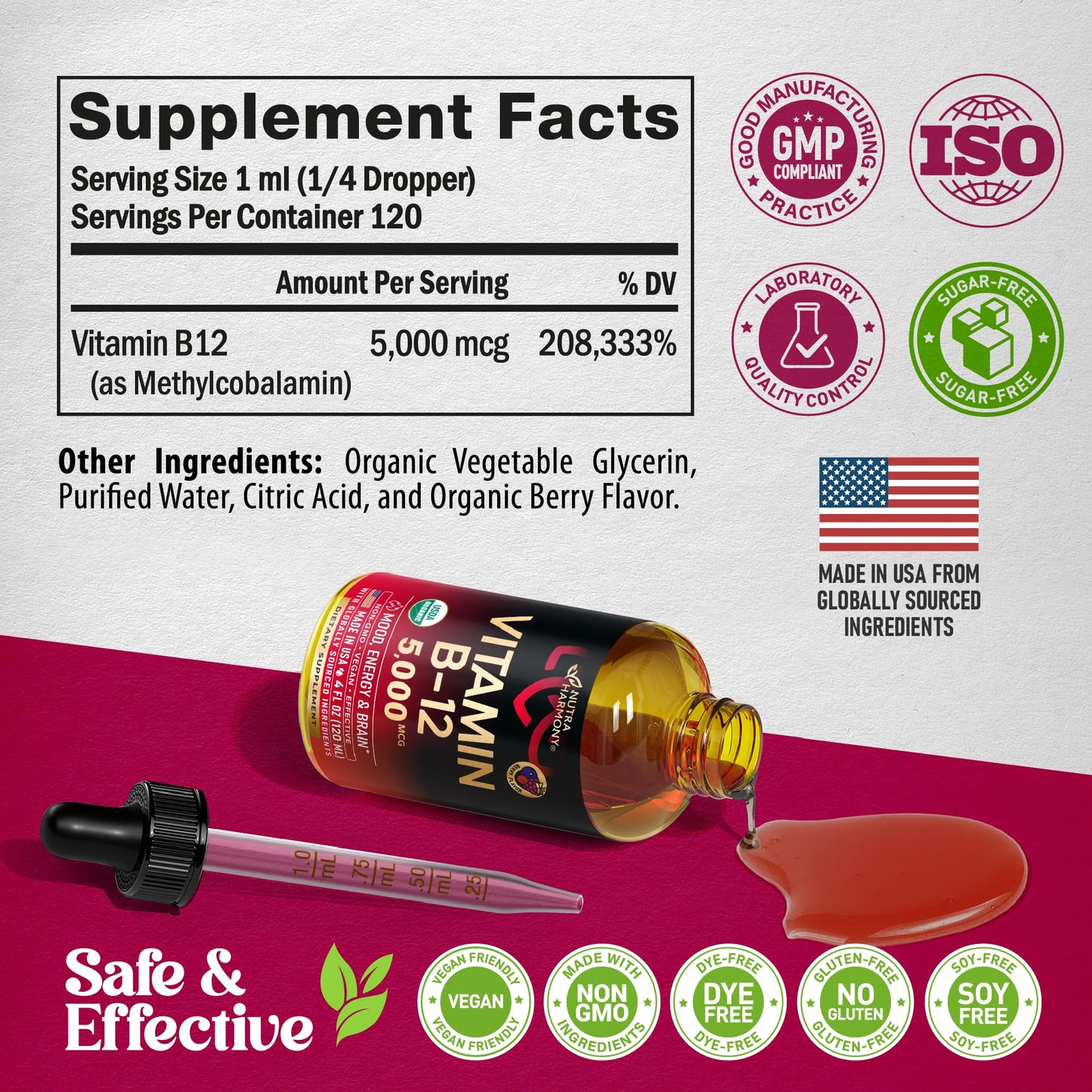 Gotas líquidas de vitamina B12 orgánica sabor frutas rojas