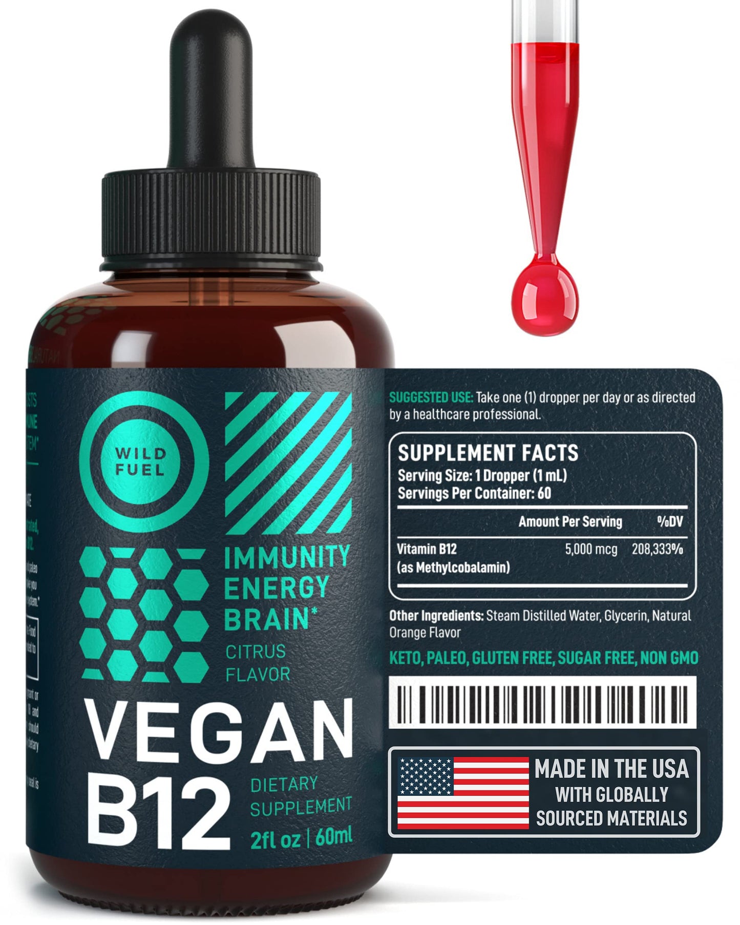 Gotas líquidas vitamina B12 vegana 5000 mcg rápida acción
