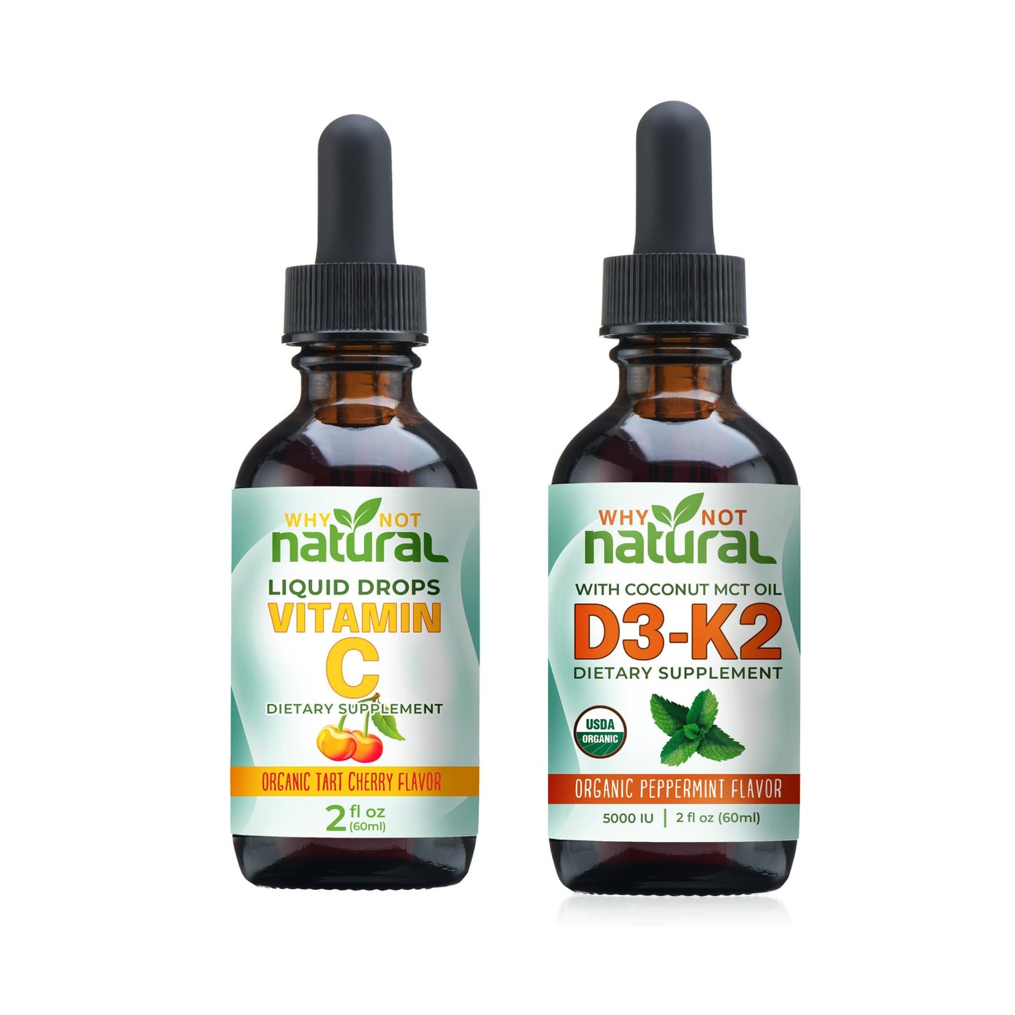 Botella de gotas líquidas orgánicas de vitamina C y D3 K2 Why Not Natural