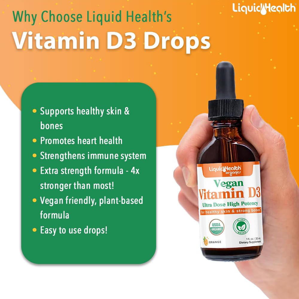Gotas líquidas vitamina D3 veganas LIQUIDHEALTH para huesos sanos y piel