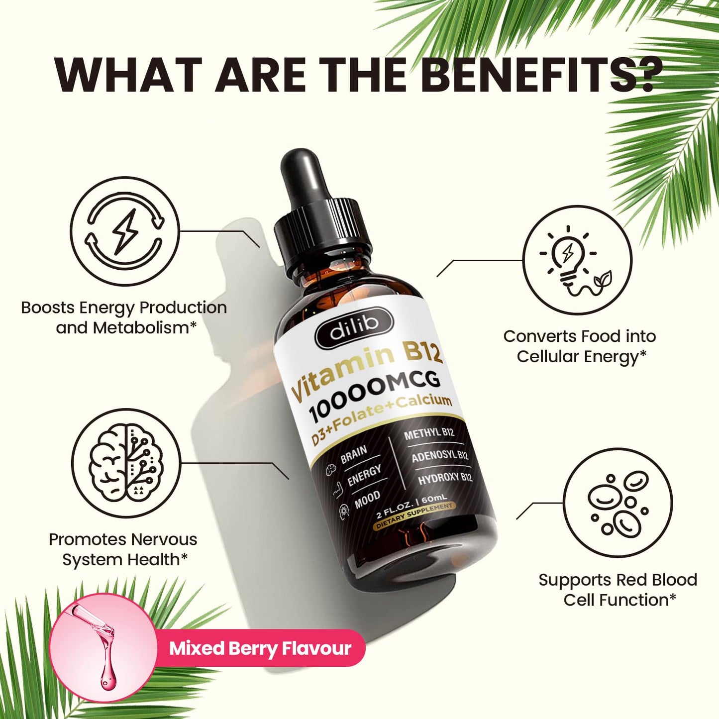 Detalle de gotas sublinguales de vitamina b12 líquida para energía