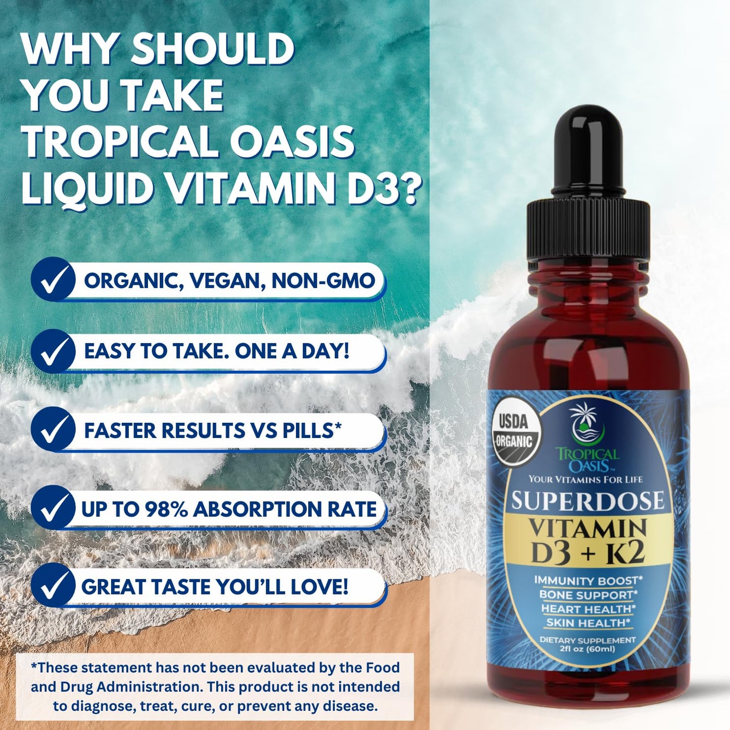 Gotas Tropical Oasis vitamina D3 K2 logra máxima absorción