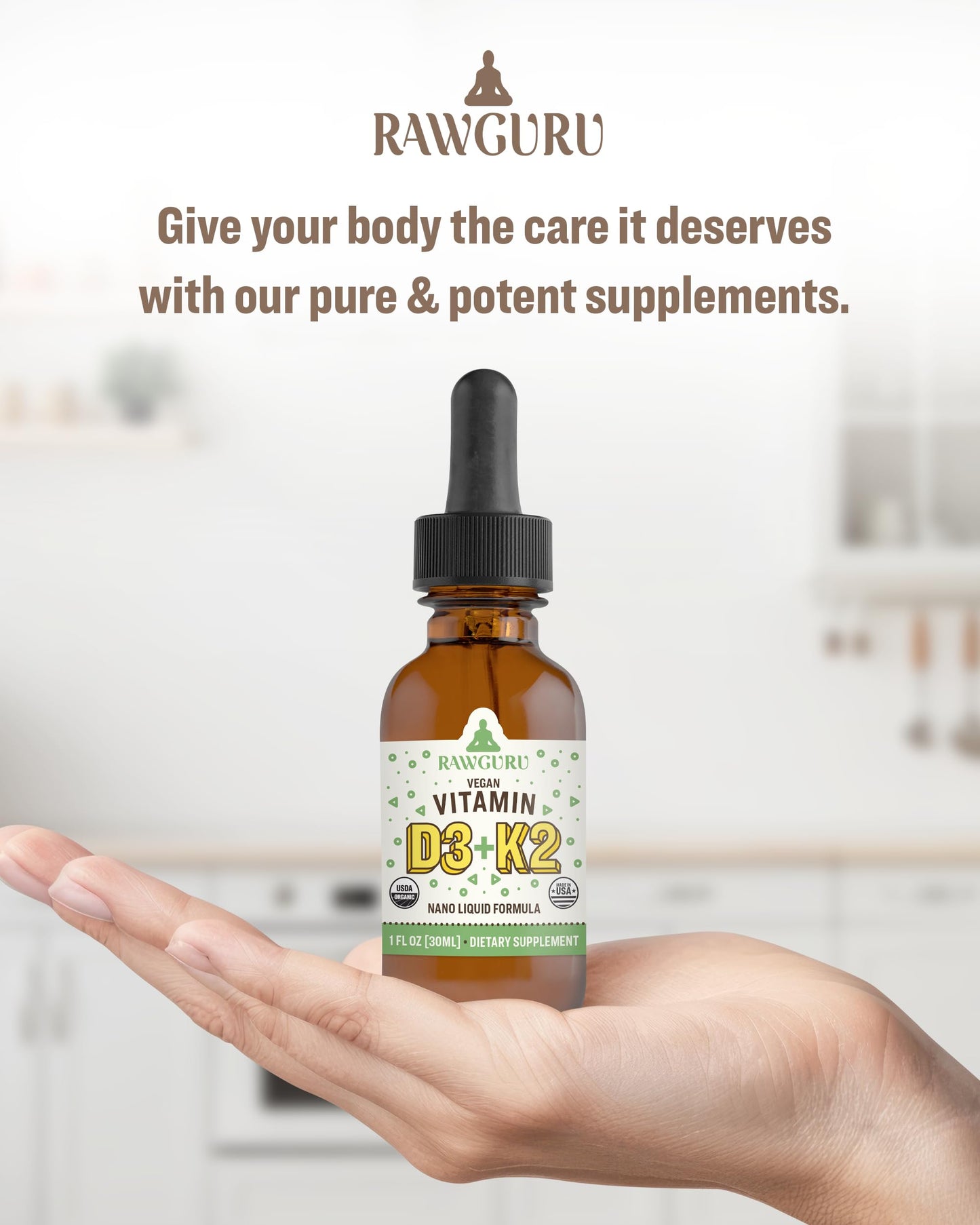 Gotas veganas con vitamina natural d3 k2 RawGuru orgánico