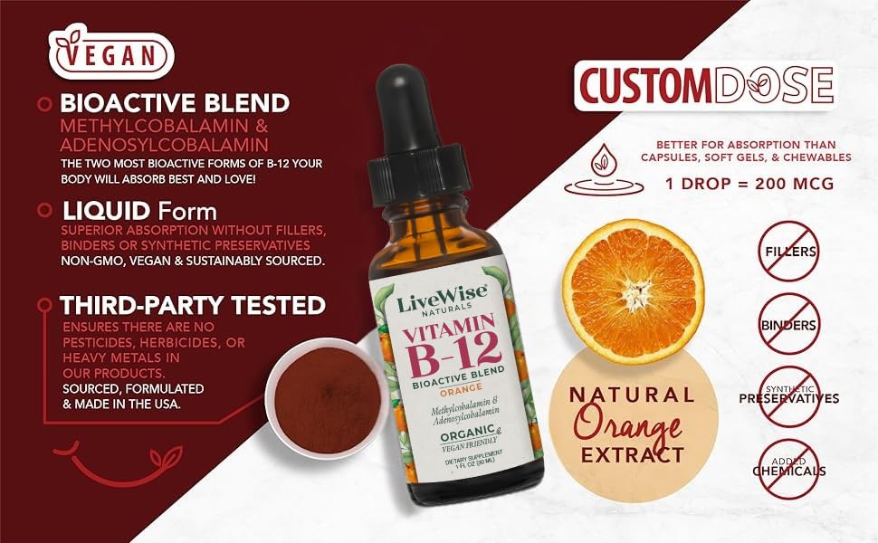 Gotas vitamina b12 líquida para energía y concentración vegana