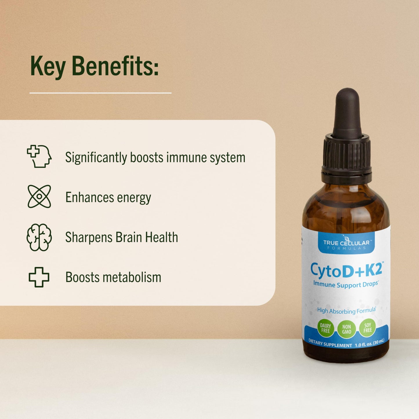 Gotas de vitamina D y K2 en aceite de oliva orgánico True Cellular Formulas